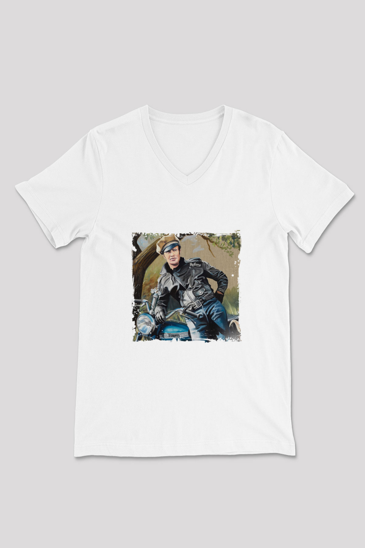 Marlon Brando Baskılı V Yaka Unisex Beyaz Tişört
