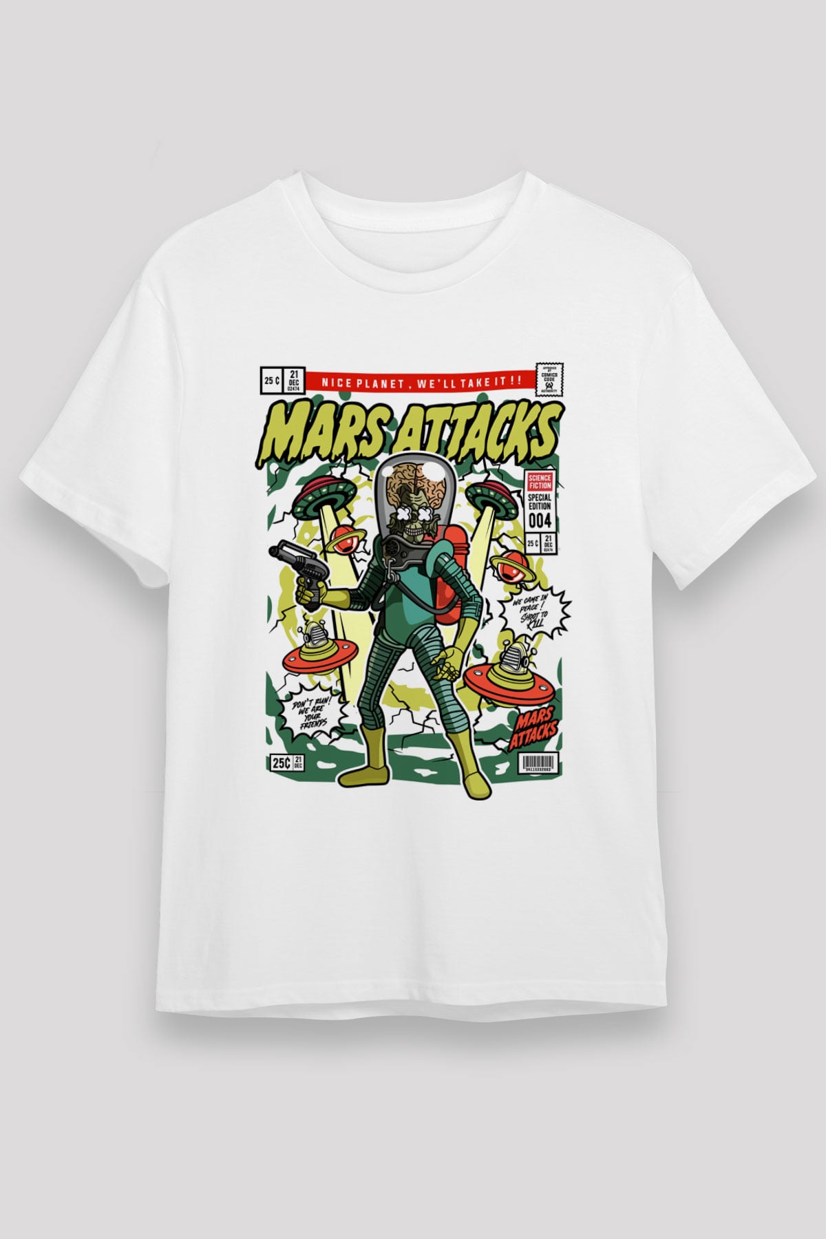 Mars Attacks Baskılı Unisex Beyaz Tişört