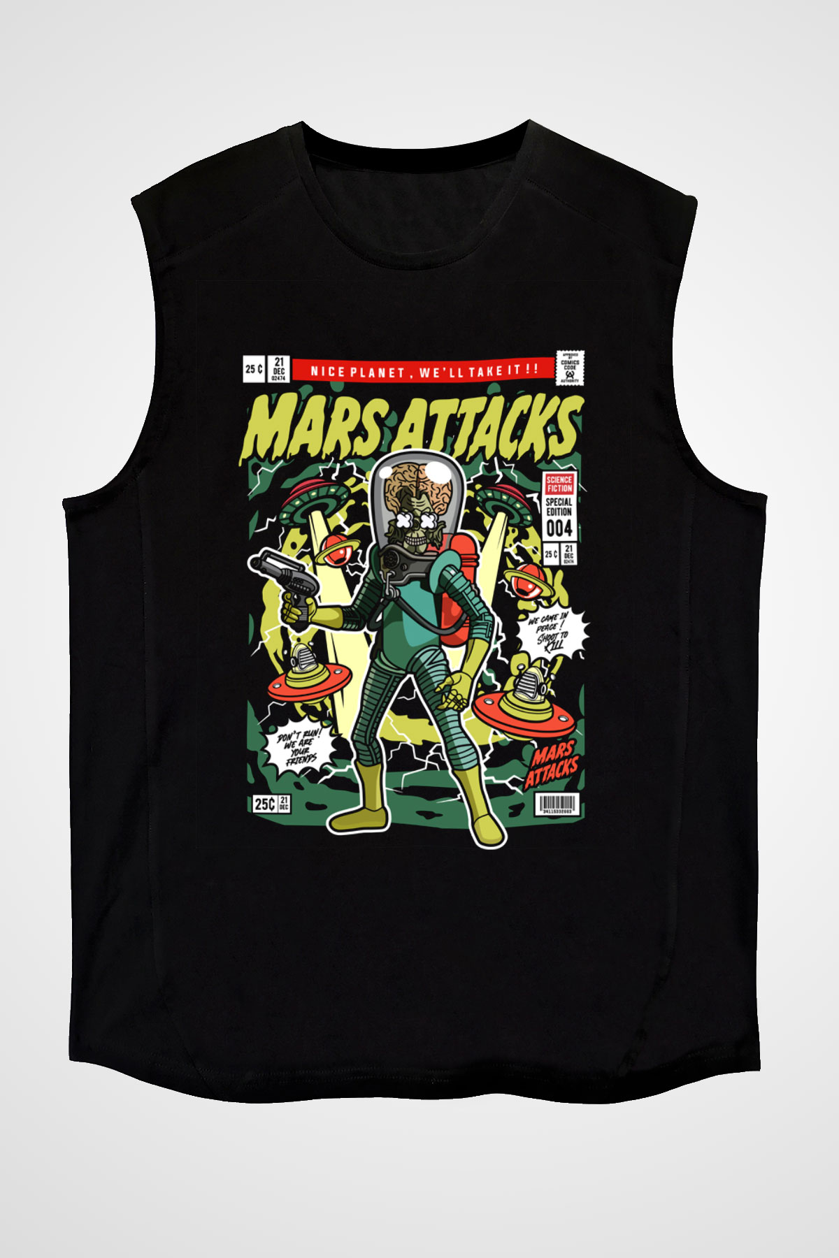 Mars Attacks Baskılı Unisex Siyah Kolsuz Tişört