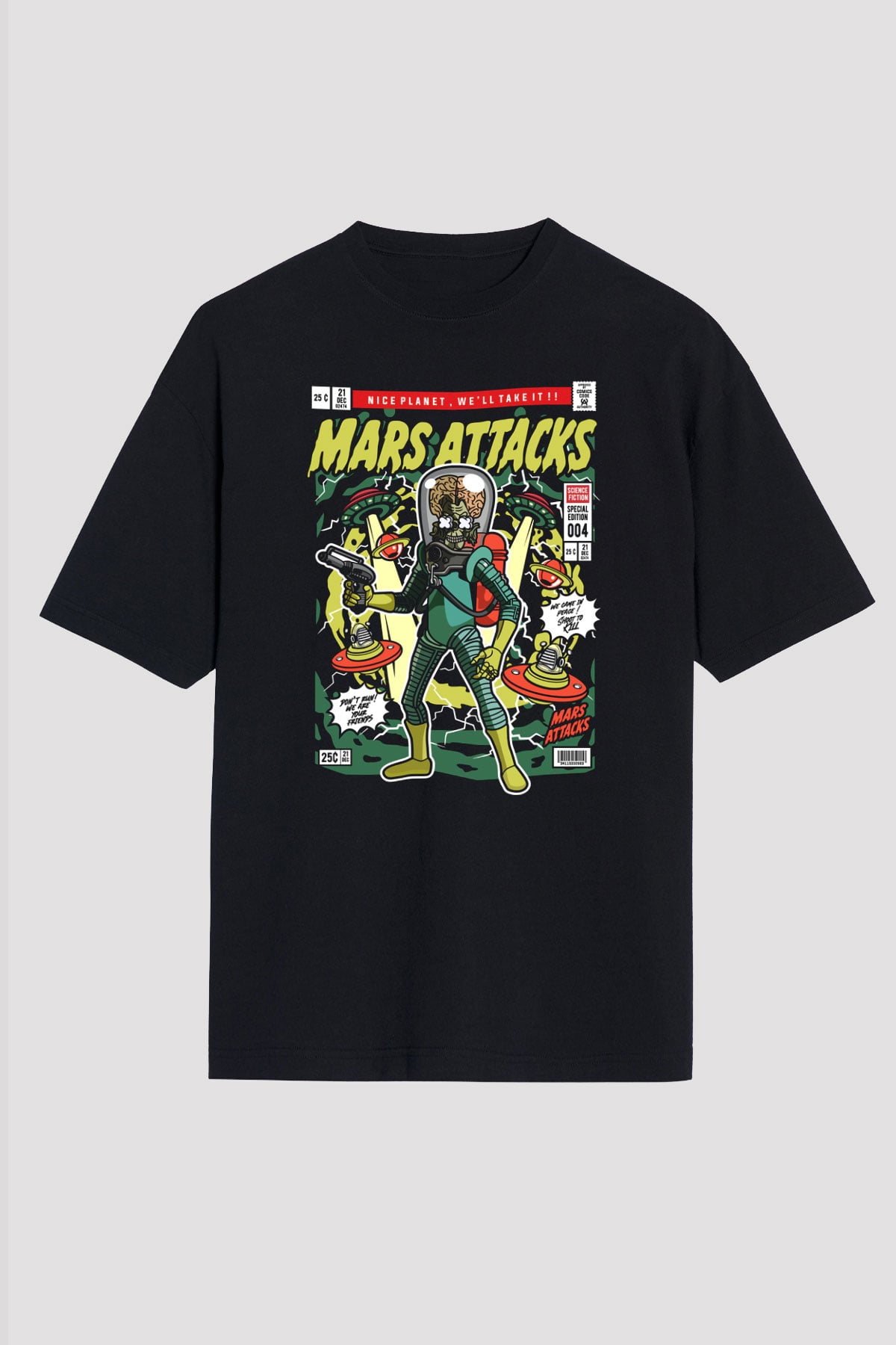 Mars Attacks Baskılı Unisex Siyah Oversize Tişört