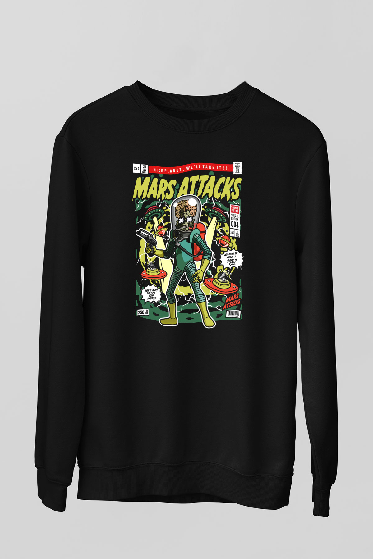 Mars Attacks Baskılı Unisex Siyah Sweatshirt