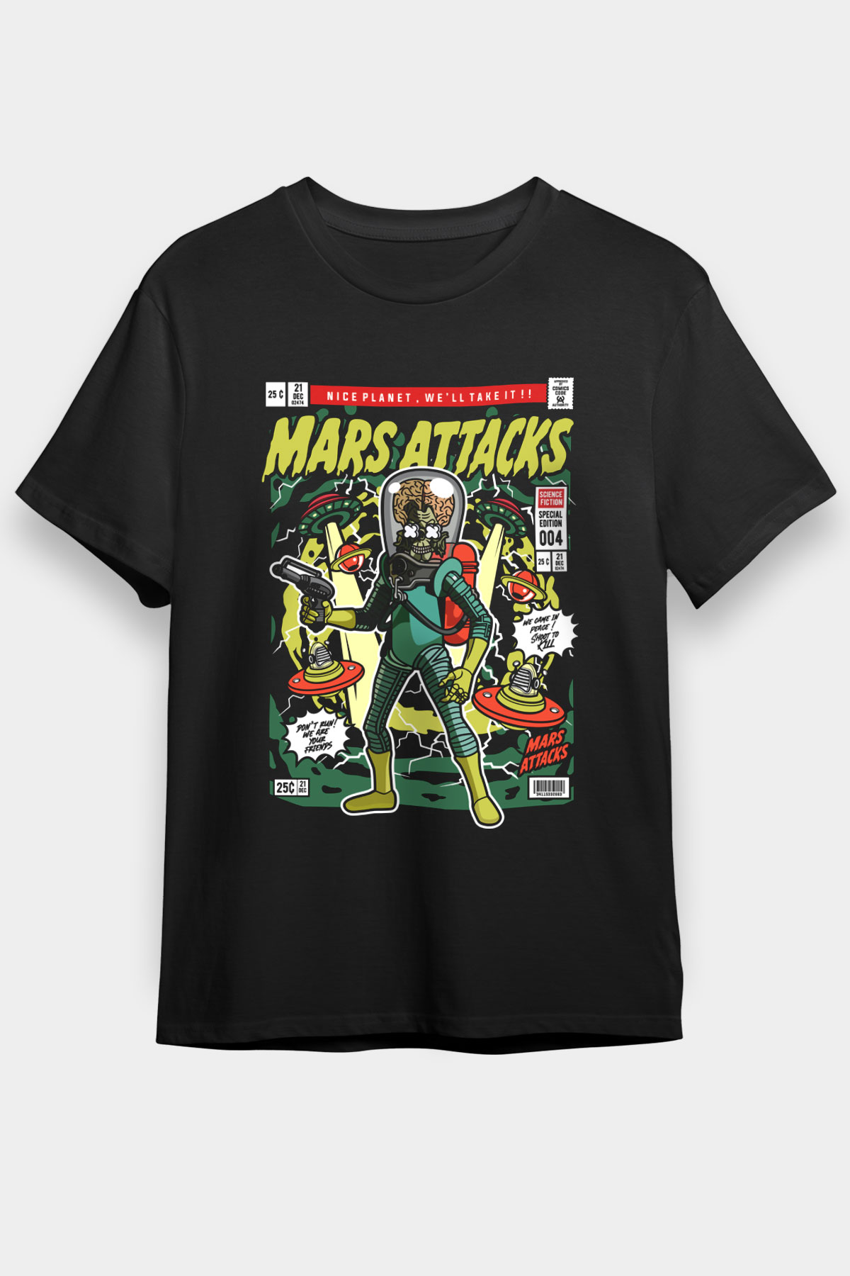 Mars Attacks Baskılı Unisex Siyah Tişört