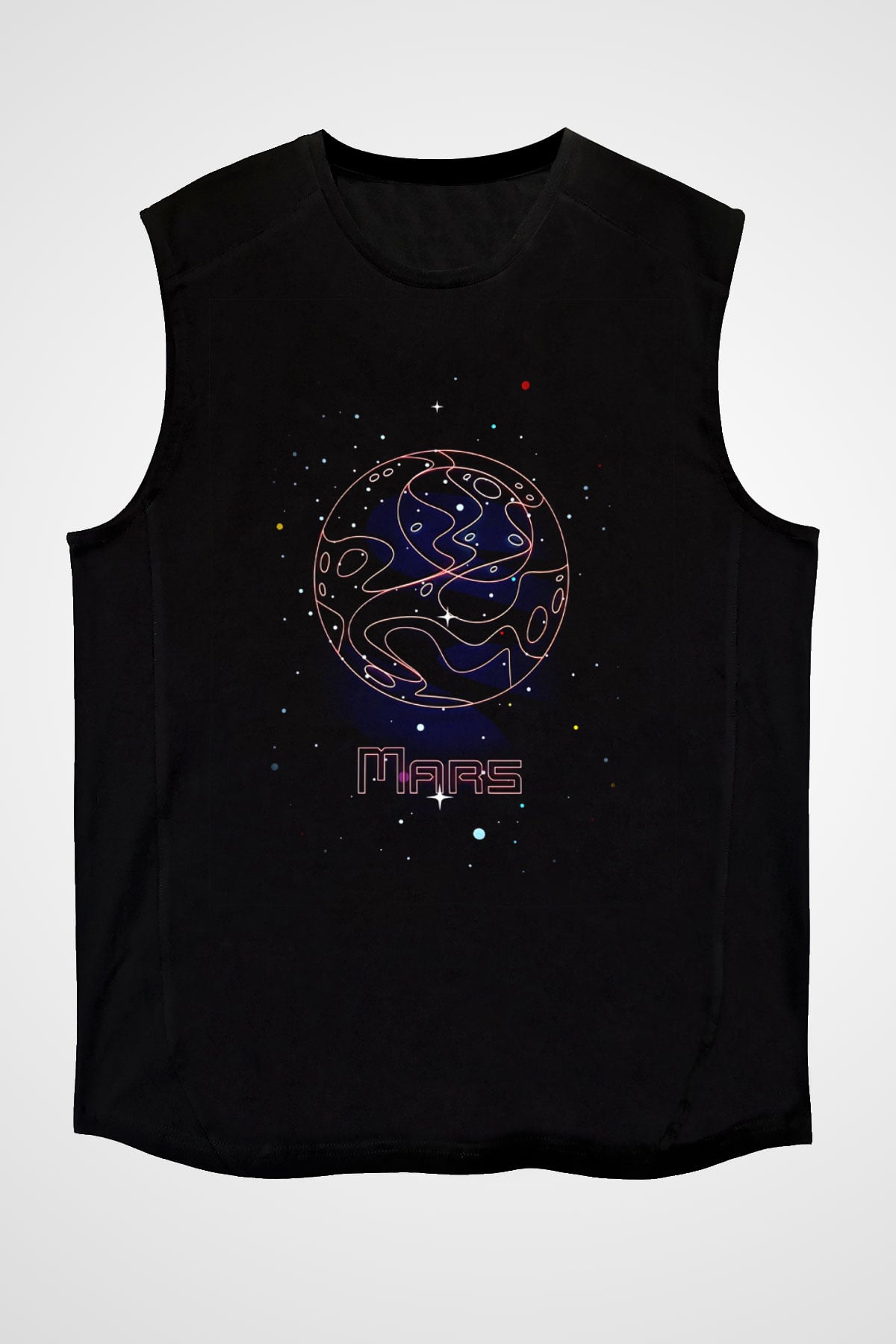 Mars Çizim Baskılı Unisex Kolsuz Siyah Tişört - Tshirt
