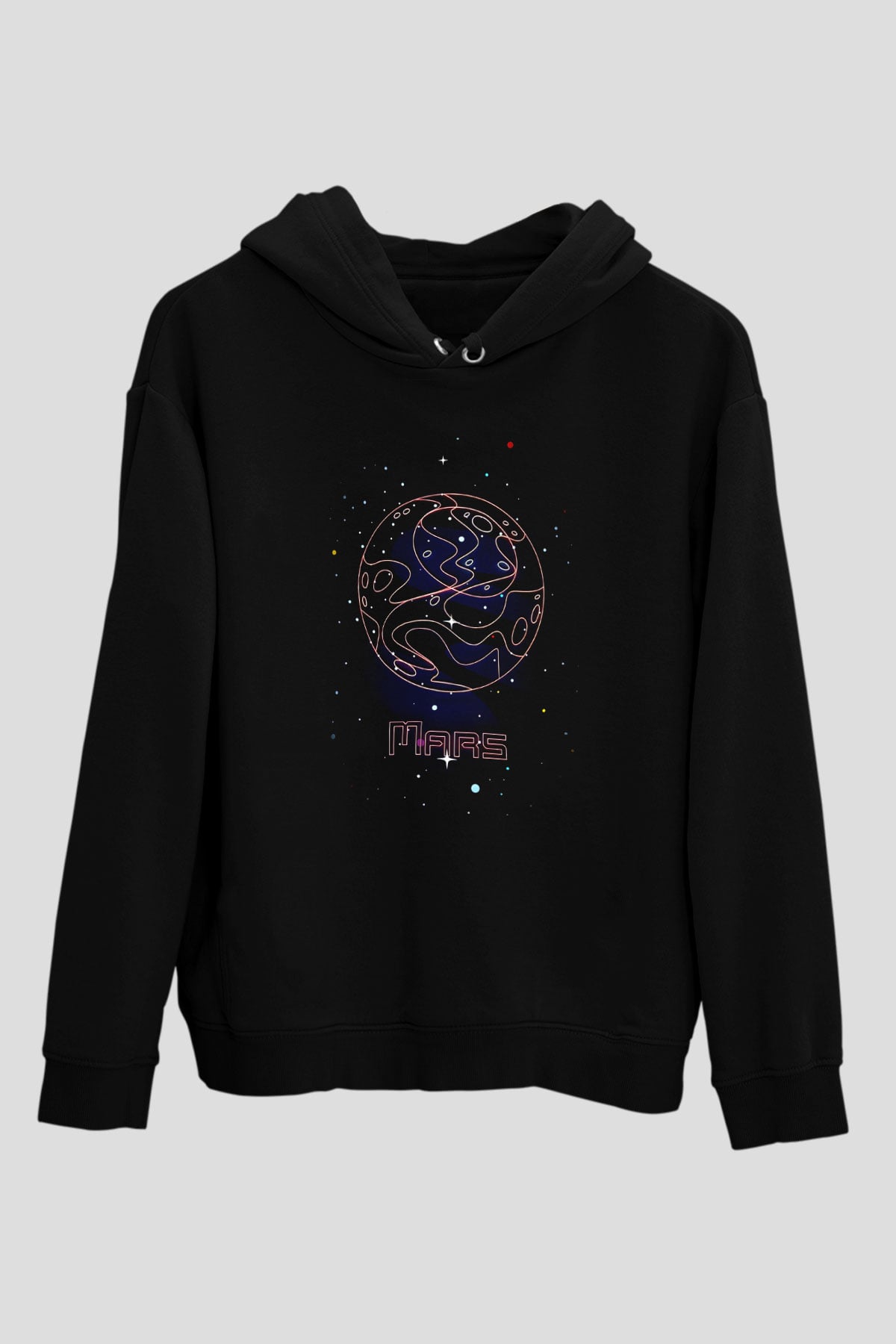 Mars Çizim Baskılı Unisex Siyah Hoodie