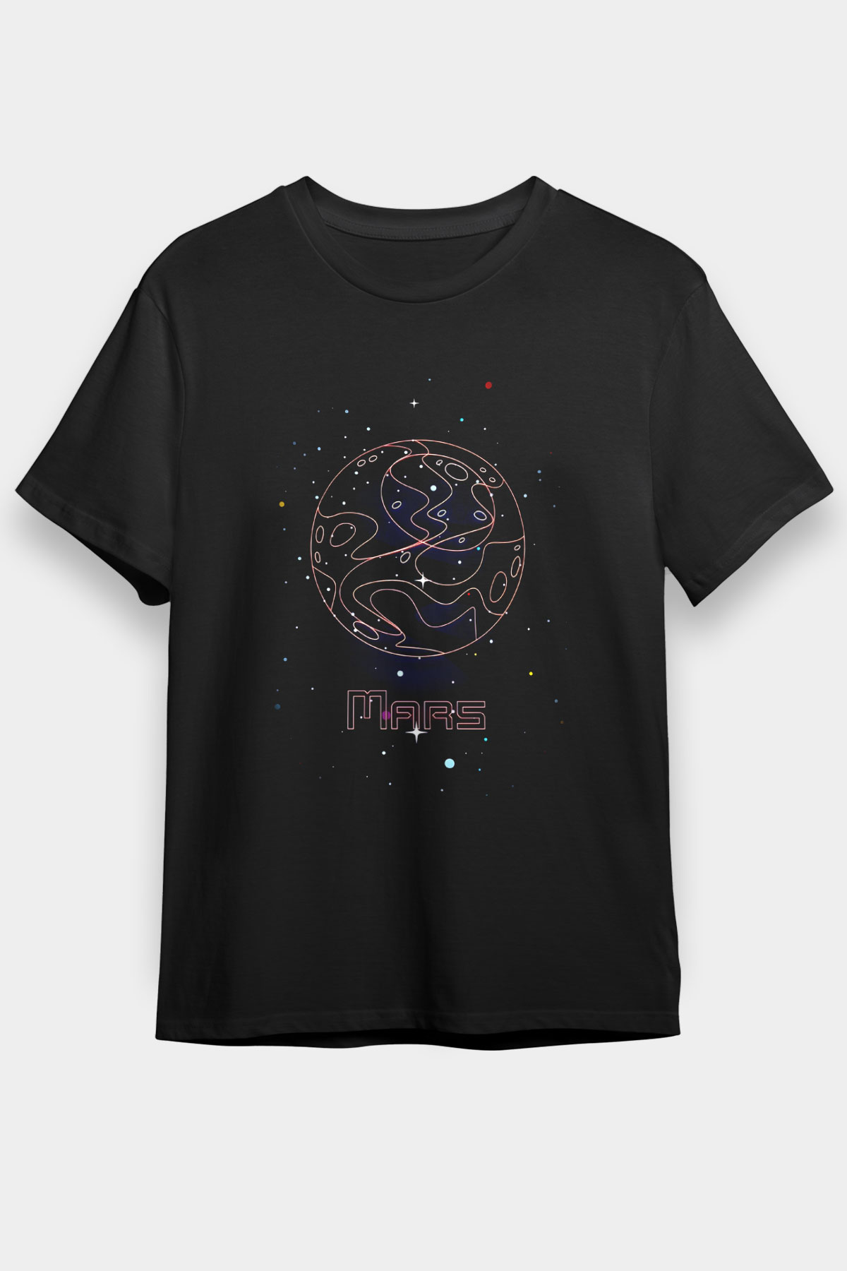 Mars Çizim Baskılı Unisex Siyah Tişört - Tshirt