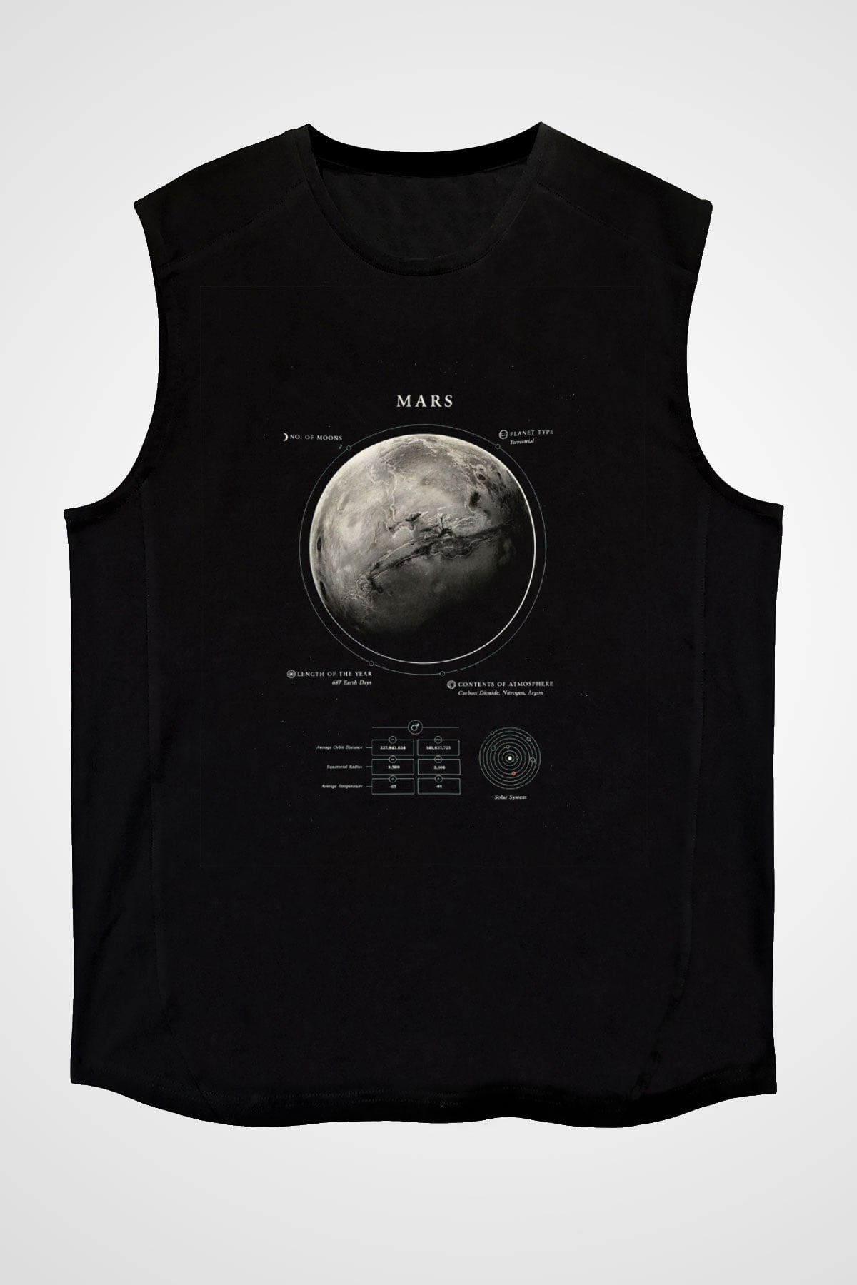 Mars Fiziksel Özellikleri Baskılı Unisex Kolsuz Siyah Tişört - Tshirt
