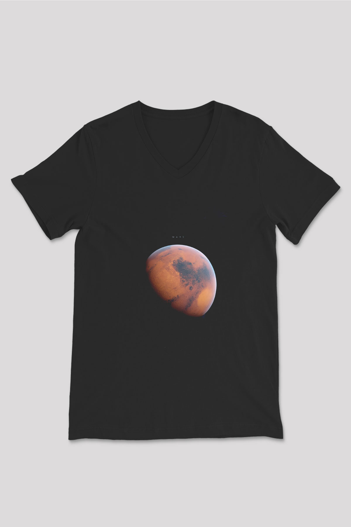 Mars Fotoğraf Baskılı Unisex V Yaka Siyah Tİşört - Tshirt