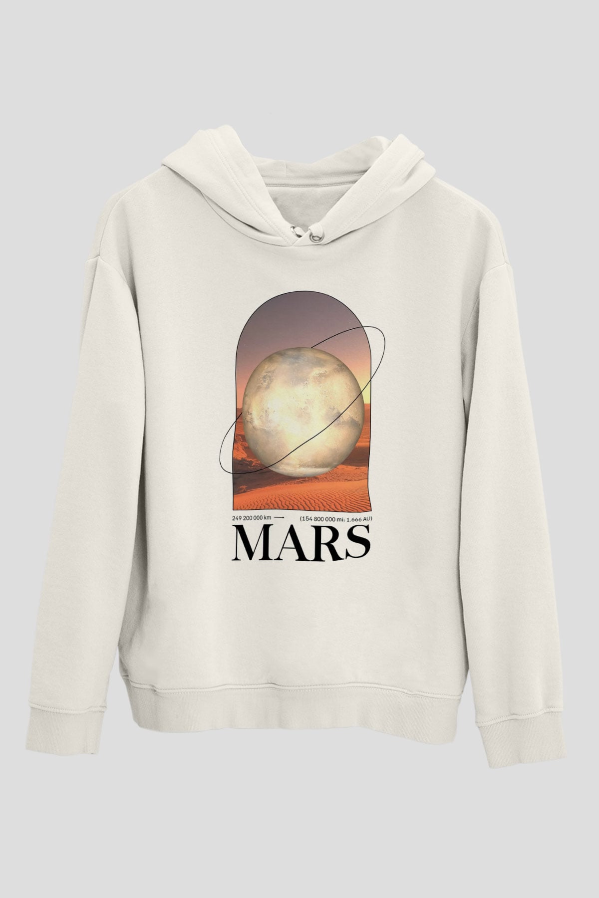 Mars Gezegeni Baskılı Unisex Ekru Hoodie