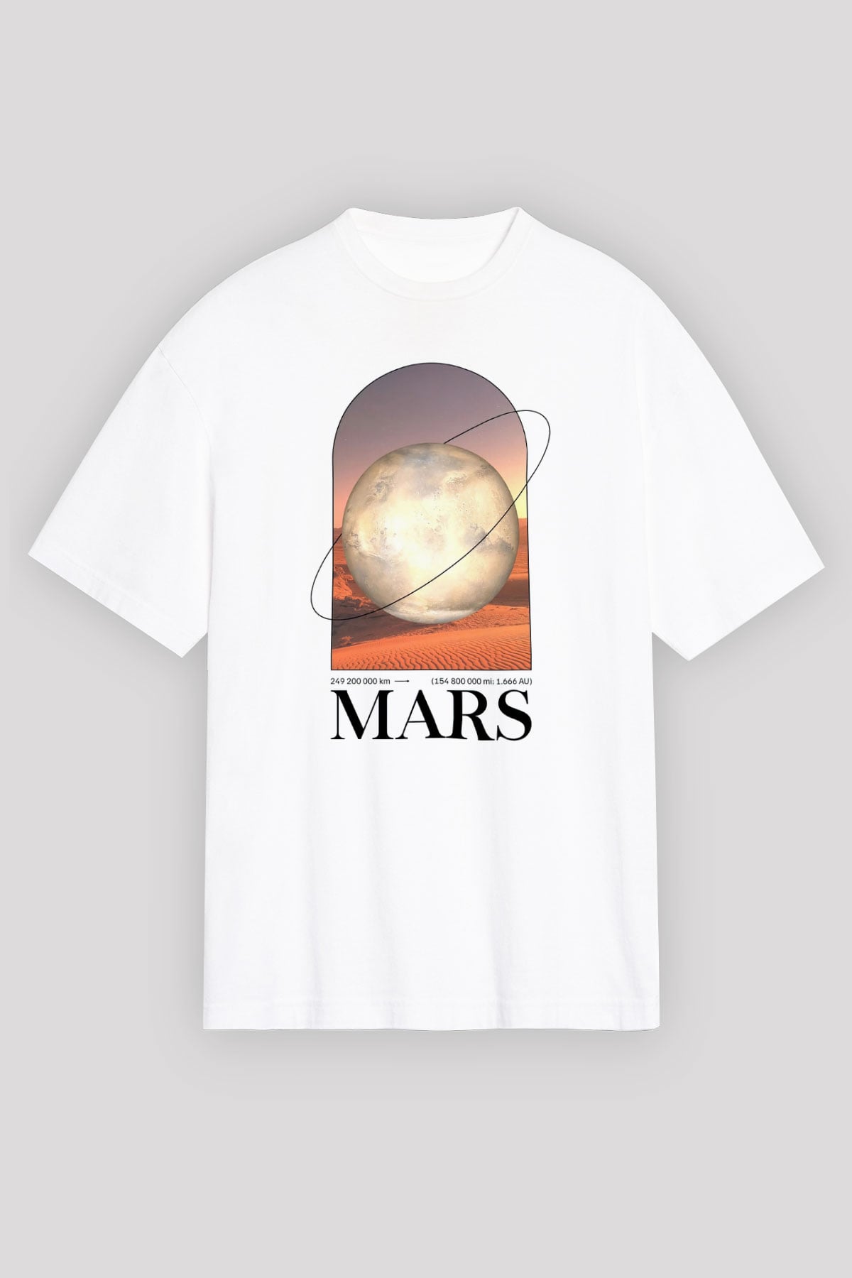 Mars Gezegeni Baskılı Unisex Oversize Beyaz Tişört - Tshirt