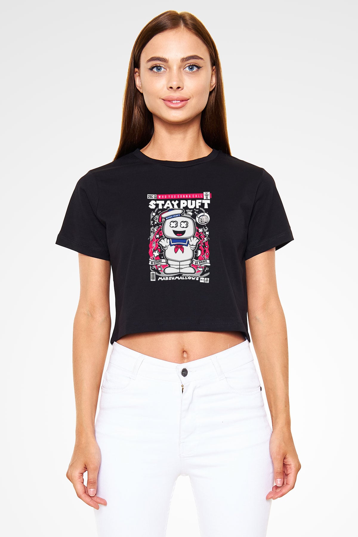 Marshmallow Baskılı Siyah Kadın Crop Top Tişört
