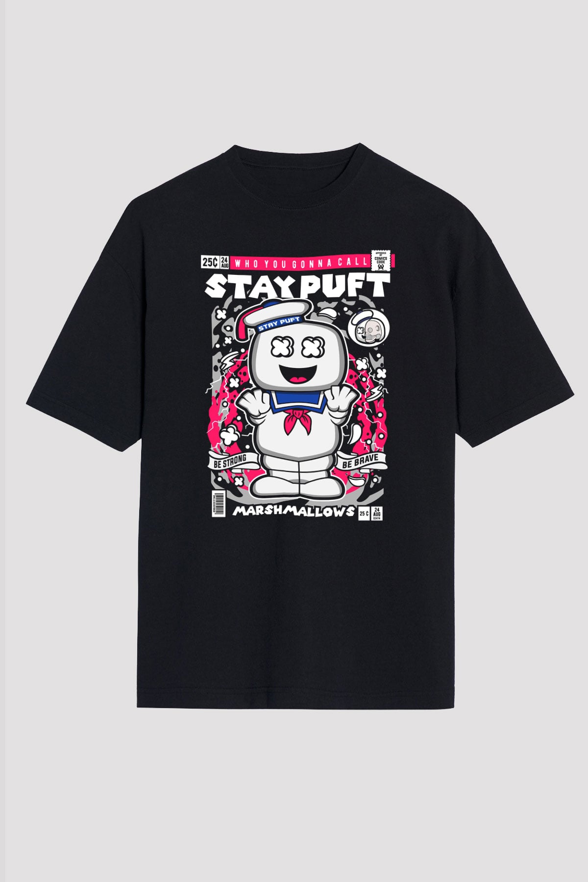 Marshmallow Baskılı Unisex Siyah Oversize Tişört