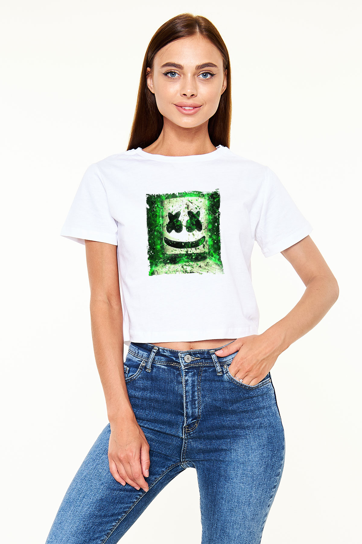 Marshmello Baskılı Beyaz Kadın Crop Top Tişört
