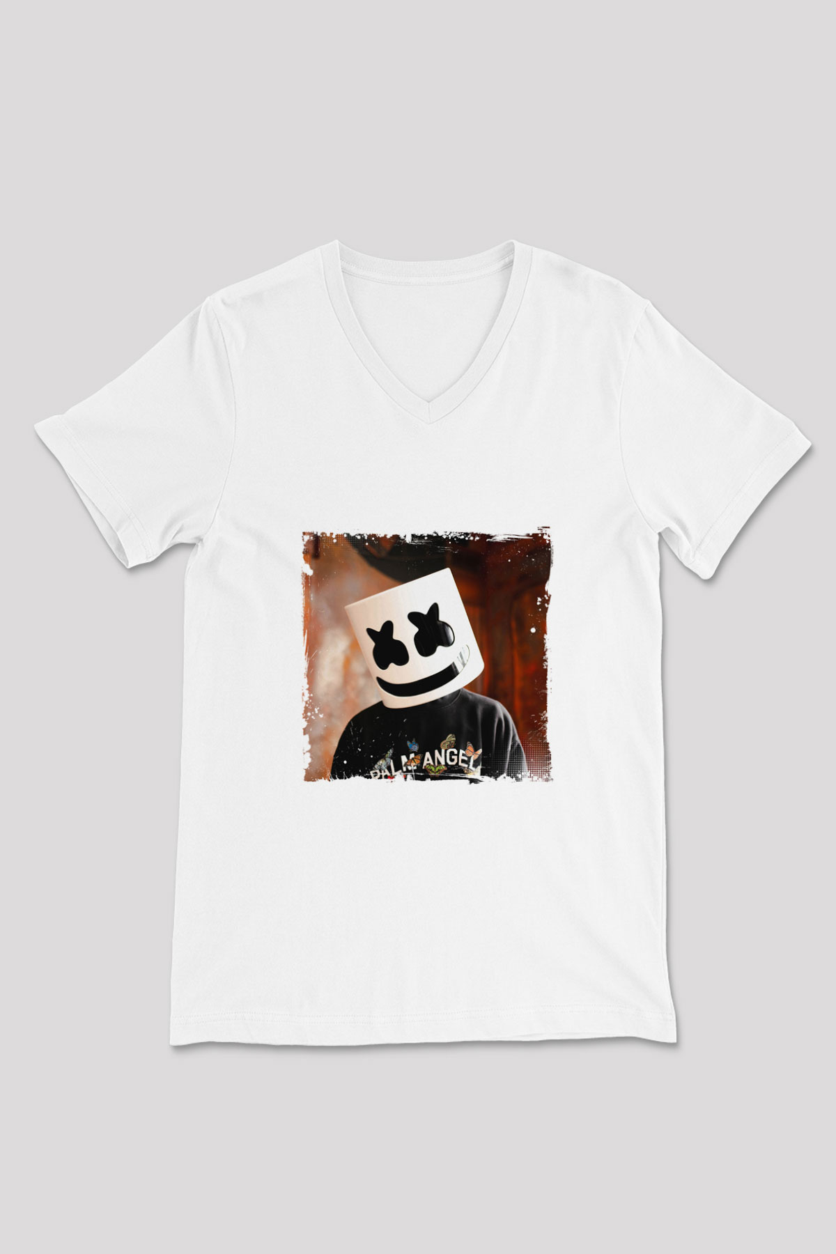 Marshmello Baskılı Beyaz V Yaka Unisex Tişört