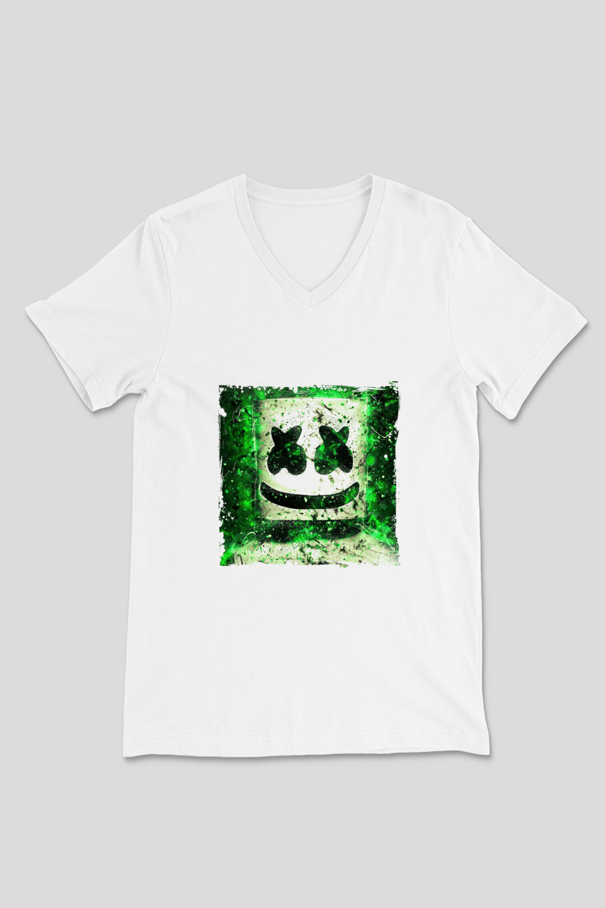 Marshmello Baskılı Beyaz V Yaka Unisex Tişört