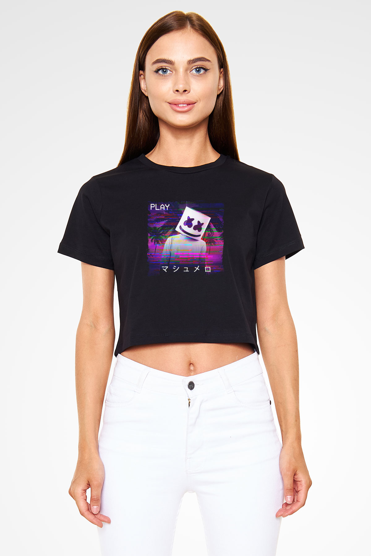 Marshmello Baskılı Crop Top Siyah Kadın Tişört