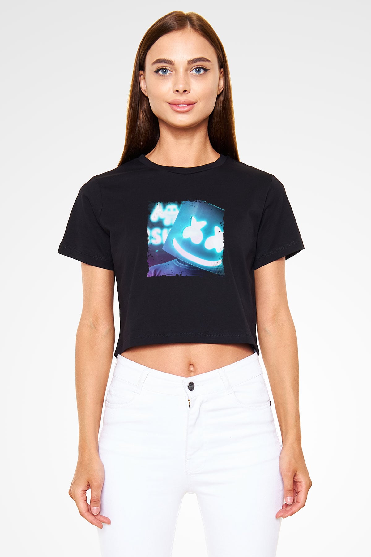 Marshmello Baskılı Crop Top Siyah Kadın Tişört