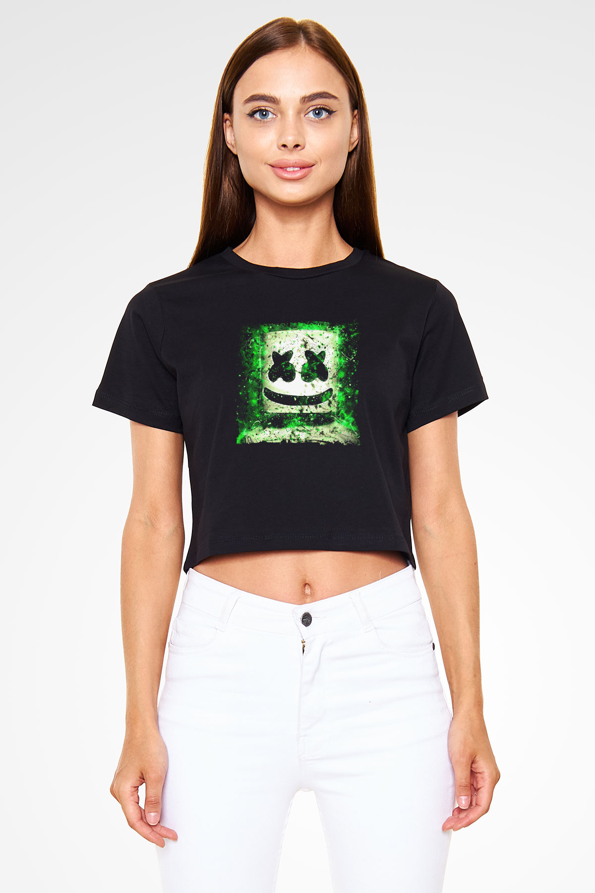 Marshmello Baskılı Crop Top Siyah Kadın Tişört
