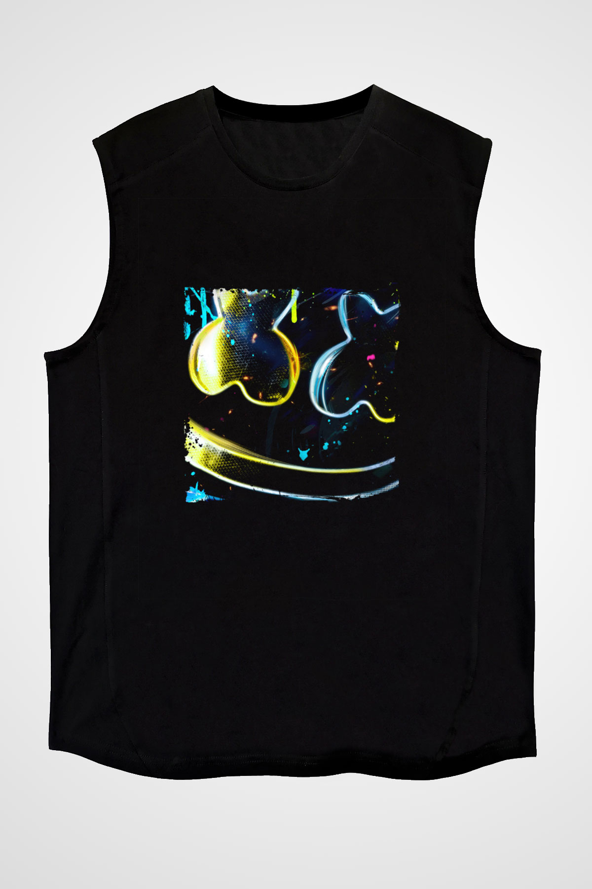 Marshmello Baskılı Unisex Siyah Kolsuz Tişört