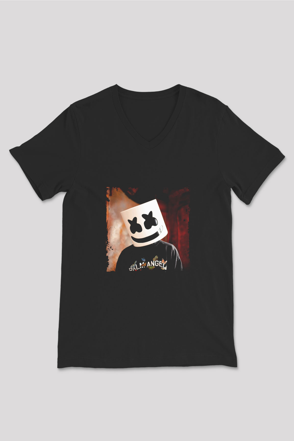 Marshmello Baskılı Unisex Siyah V Yaka Tişört