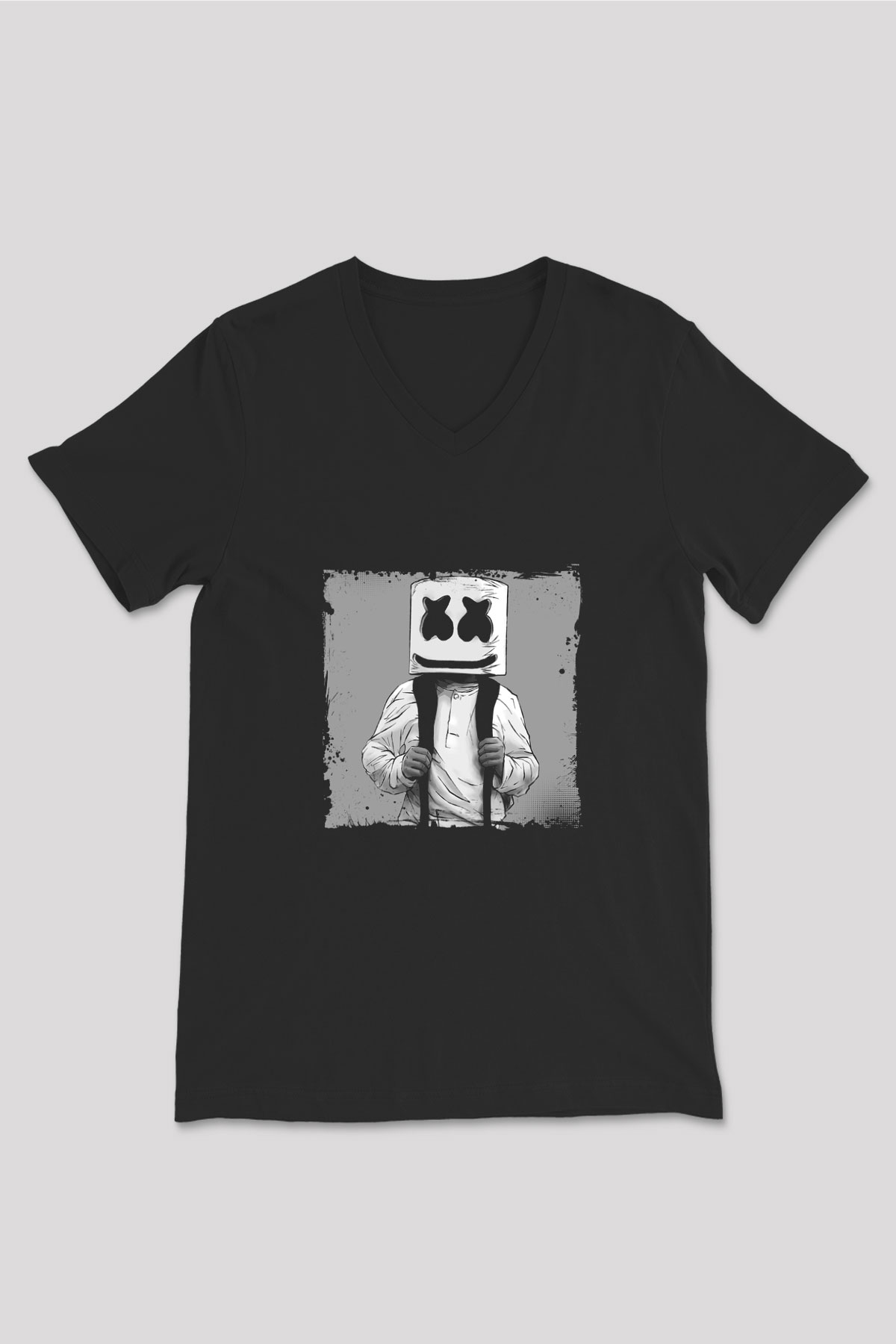 Marshmello Baskılı Unisex Siyah V Yaka Tişört