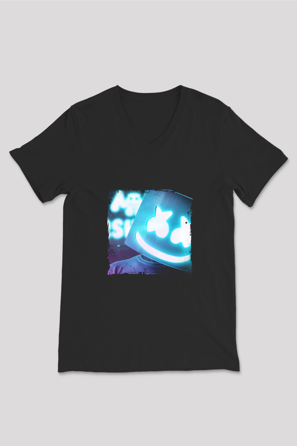 Marshmello Baskılı Unisex Siyah V Yaka Tişört