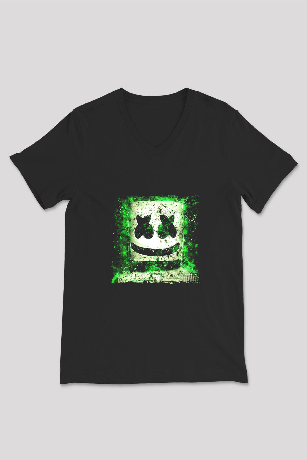 Marshmello Baskılı Unisex Siyah V Yaka Tişört