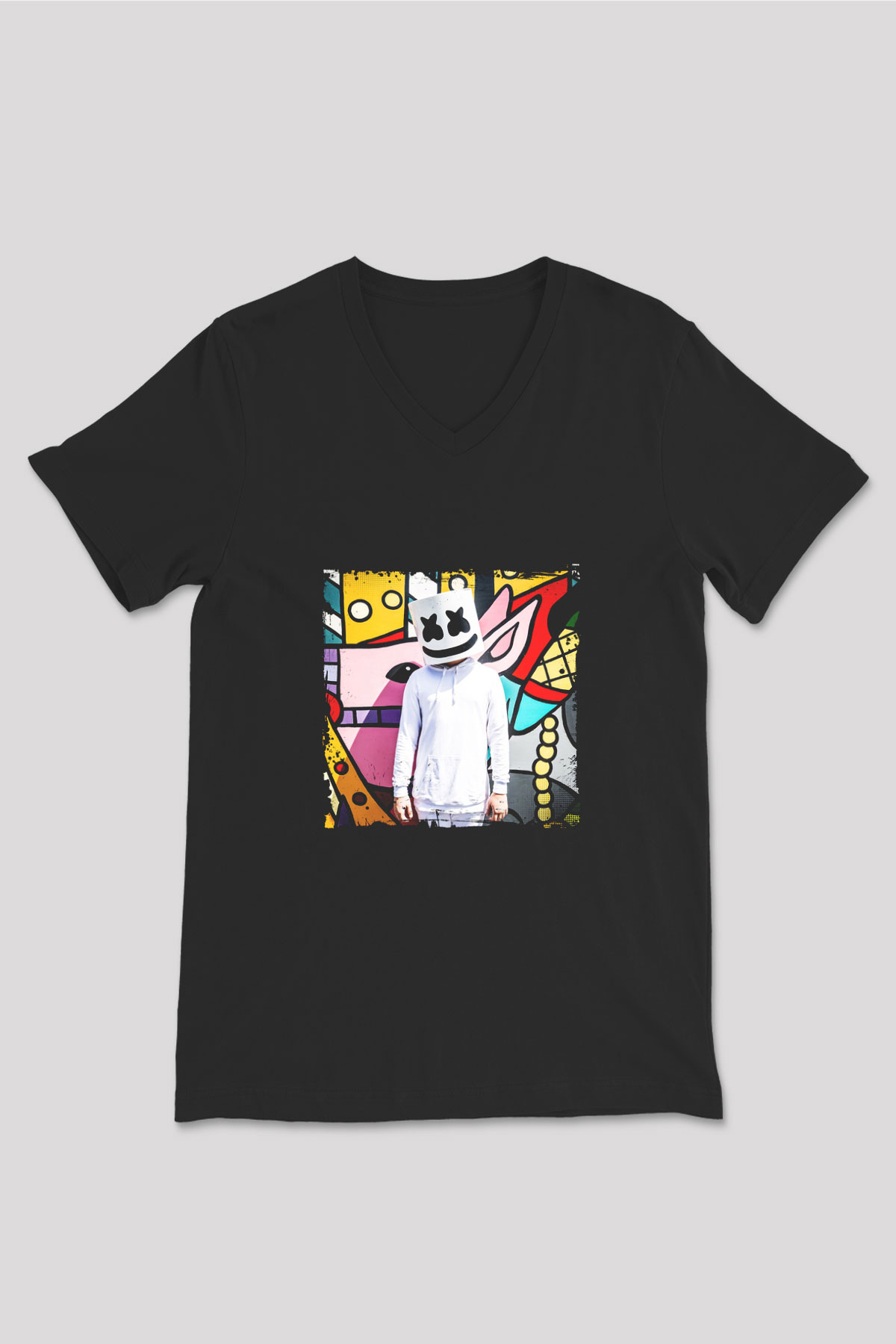 Marshmello Baskılı Unisex Siyah V Yaka Tişört