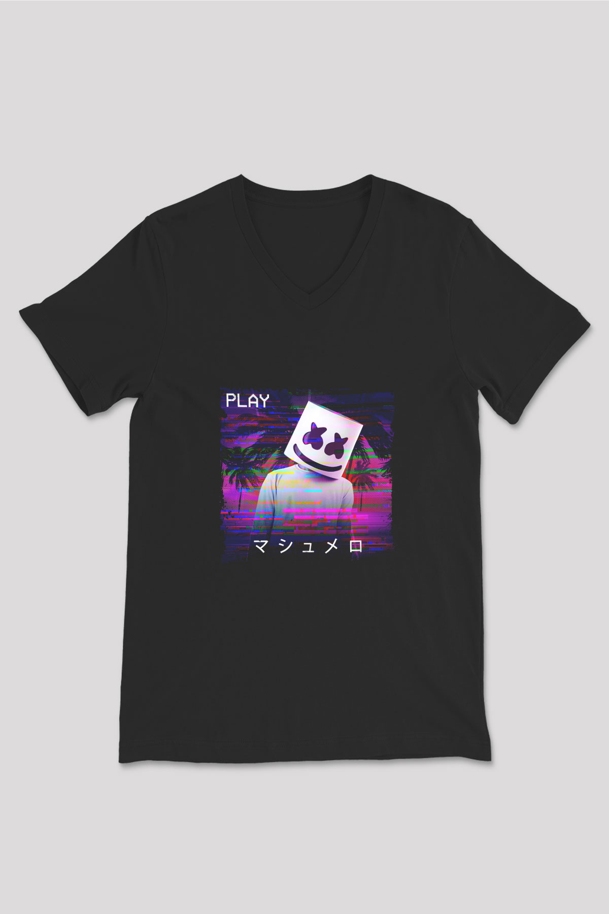 Marshmello Baskılı Unisex Siyah V Yaka Tişört