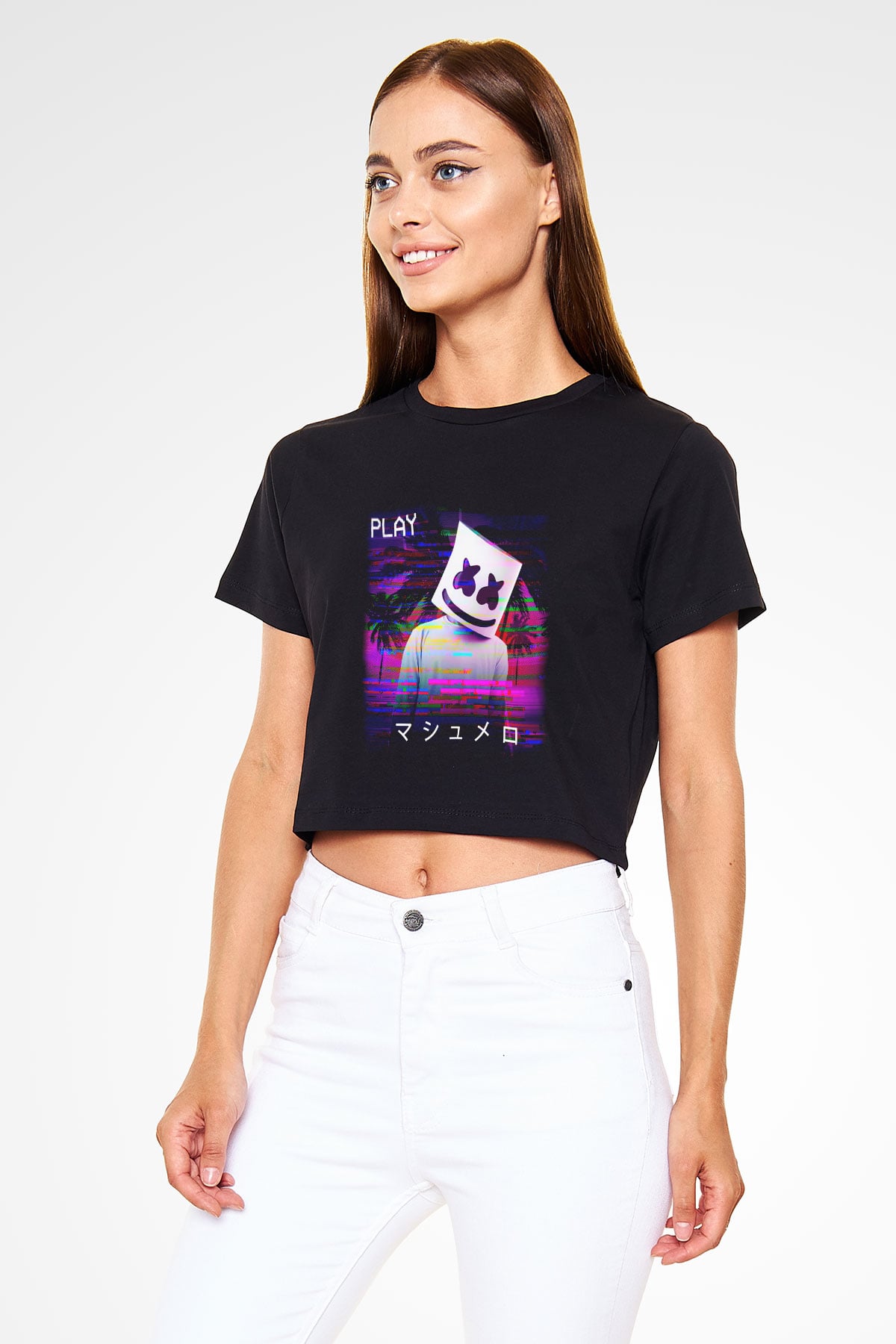 Marshmello Siyah Crop Top Tişört