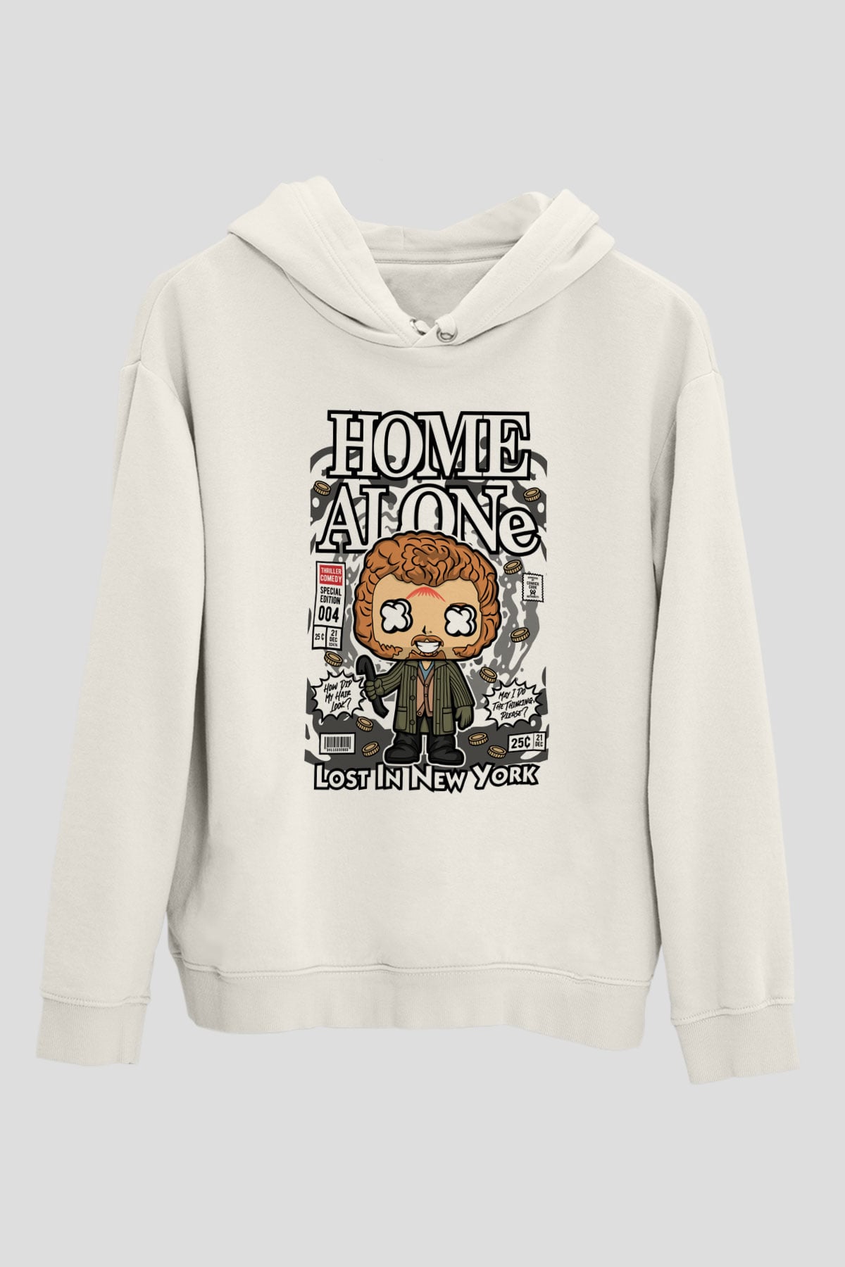 Marv Evde Tek Başına Baskılı Unisex Beyaz Hoodie