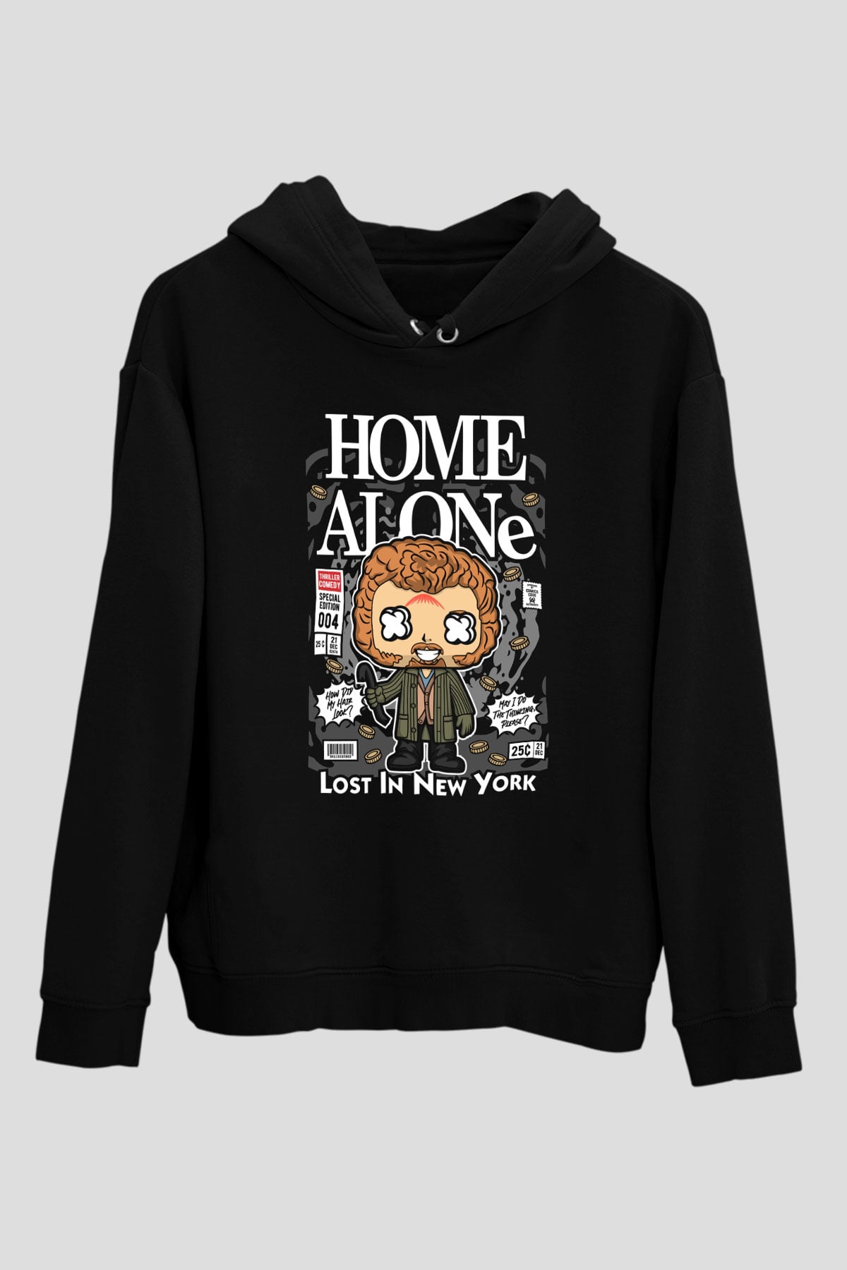 Marv Evde Tek Başına Baskılı Unisex Siyah Hoodie