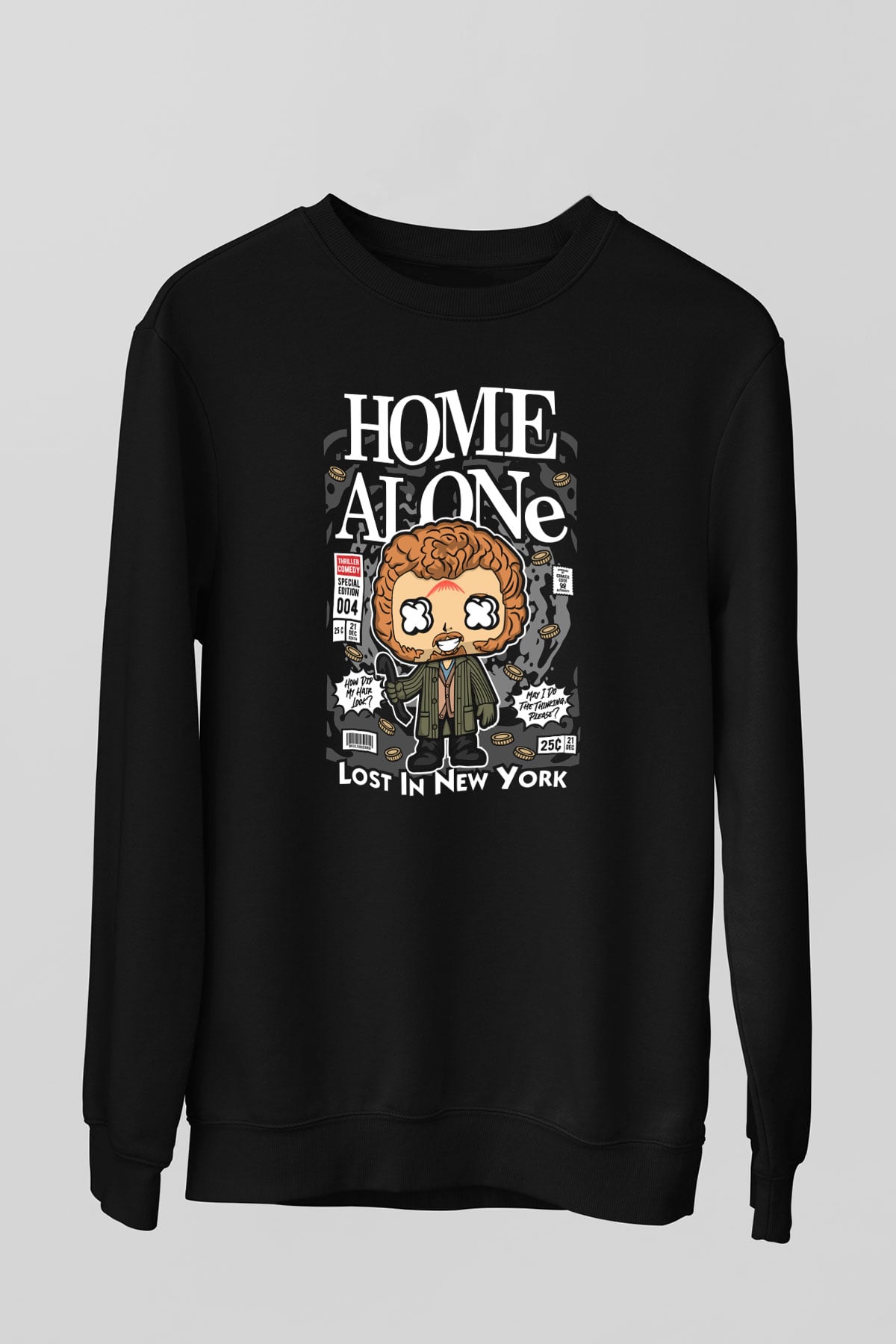Marv Evde Tek Başına Baskılı Unisex Siyah Sweatshirt