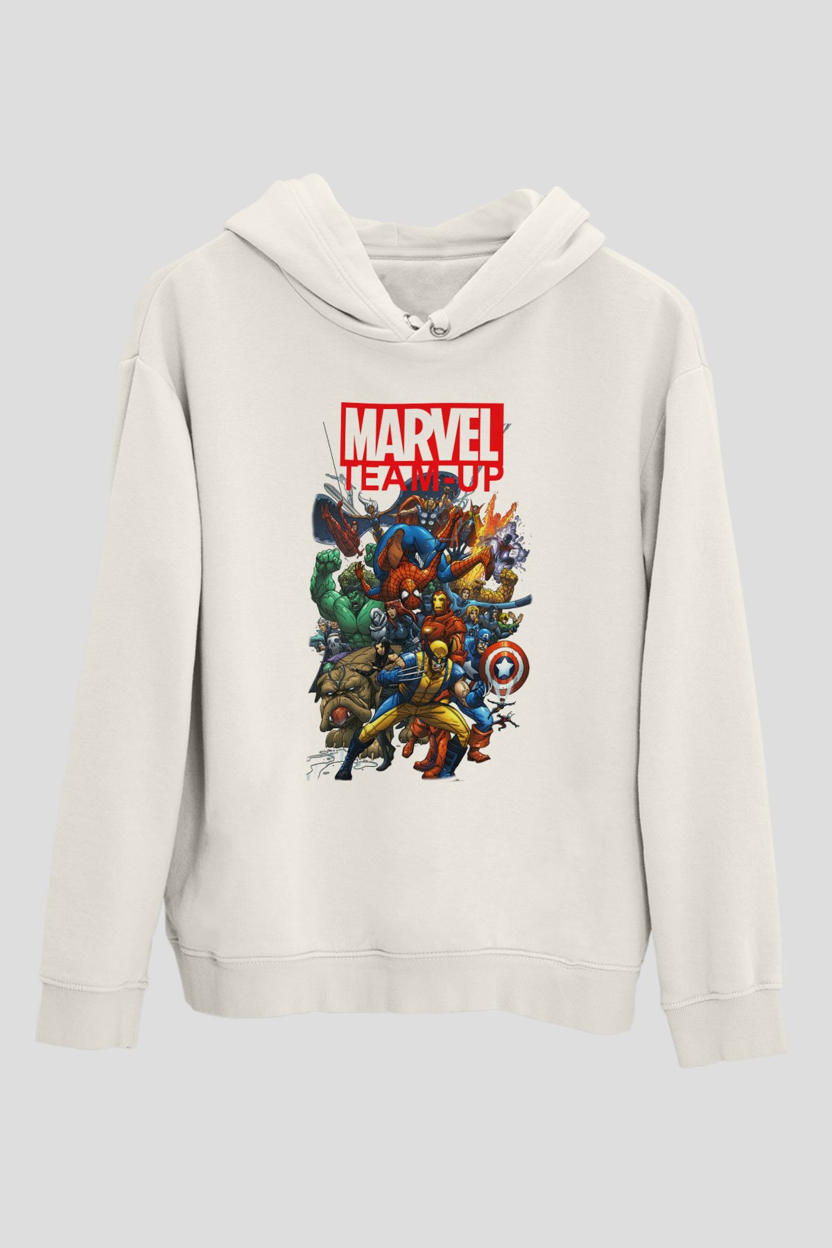 Marvel Team-Up Beyaz Unisex Kapşonlu Sweatshirt