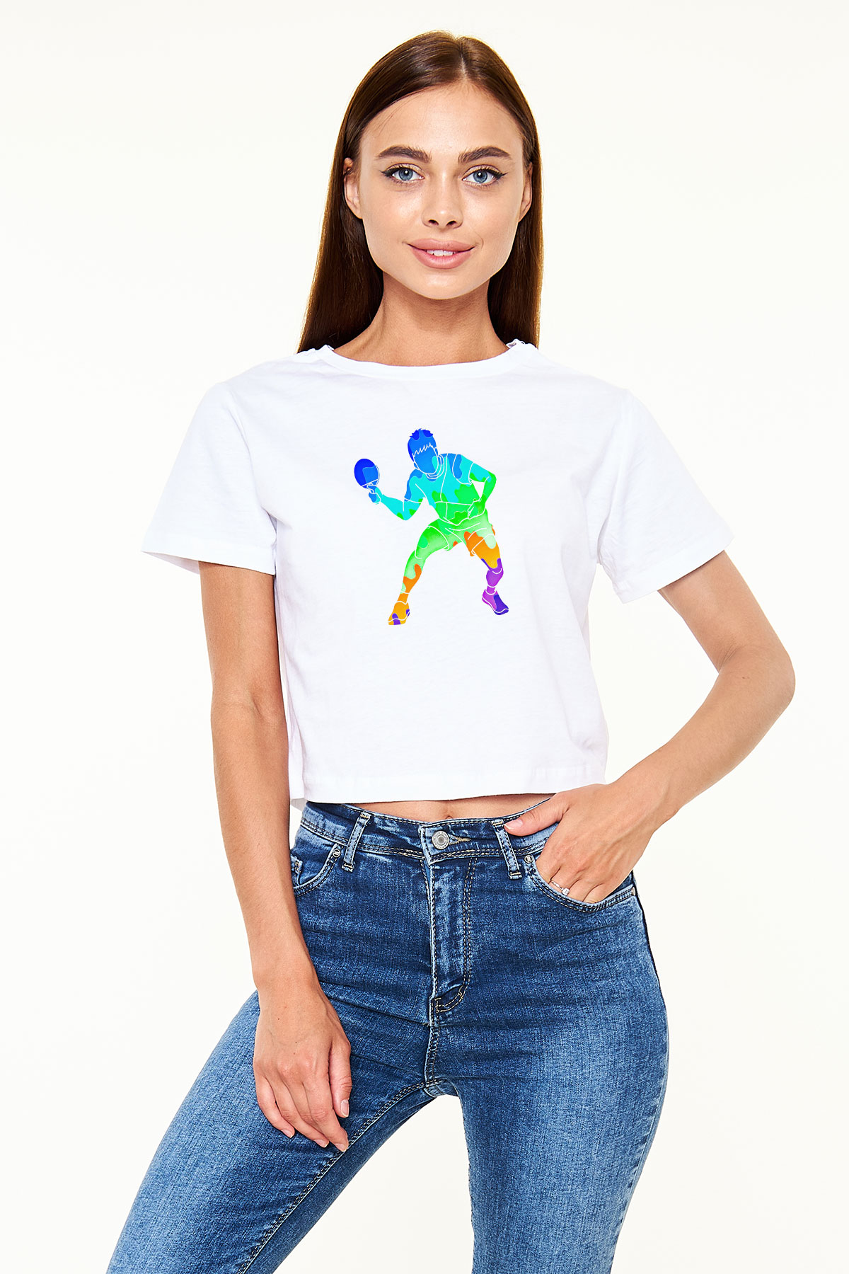 Masa Tenisi Baskılı Crop Top Beyaz Tişört - T-shirt
