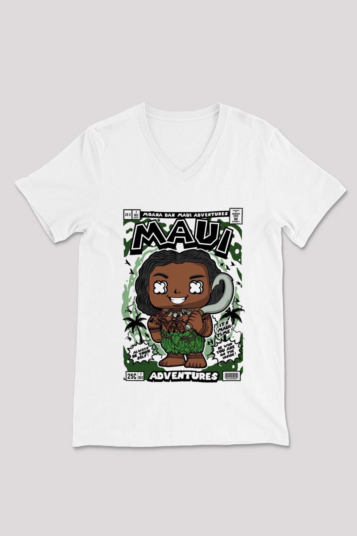 Maui Baskılı Unisex Beyaz V Yaka Tişört