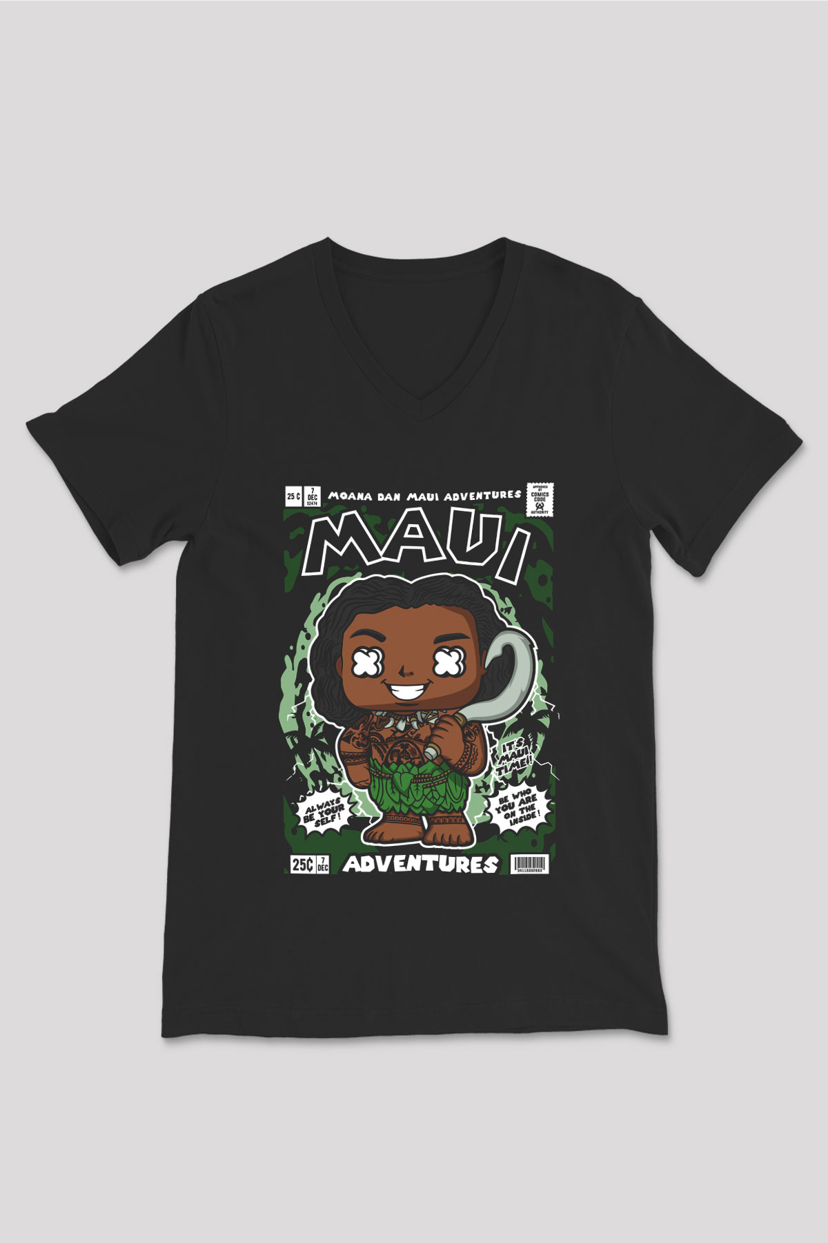 MAUI Baskılı Unisex Siyah V Yaka Tişört