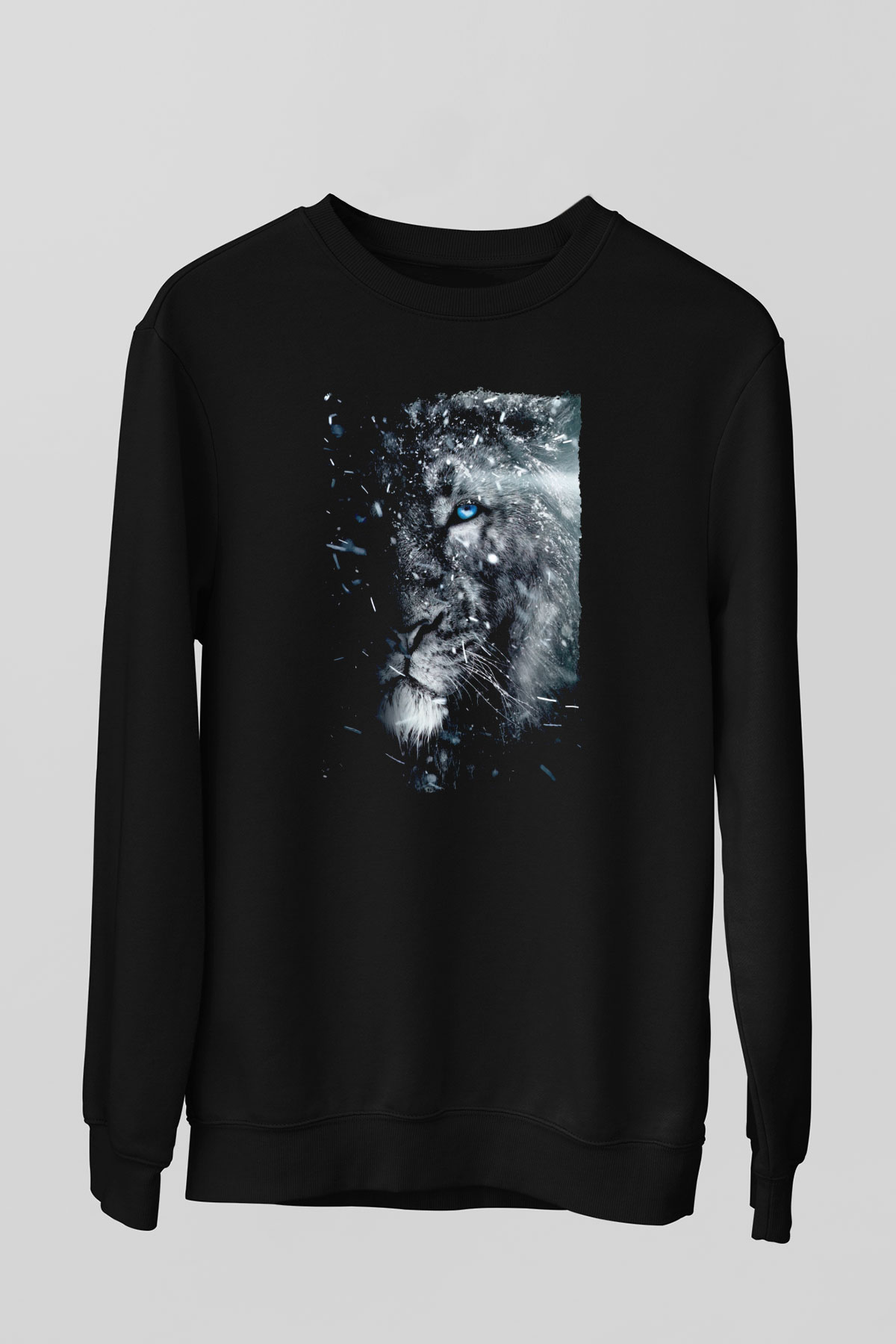 Mavi Gözlü Aslan Baskılı Unisex Siyah  Sweatshirt