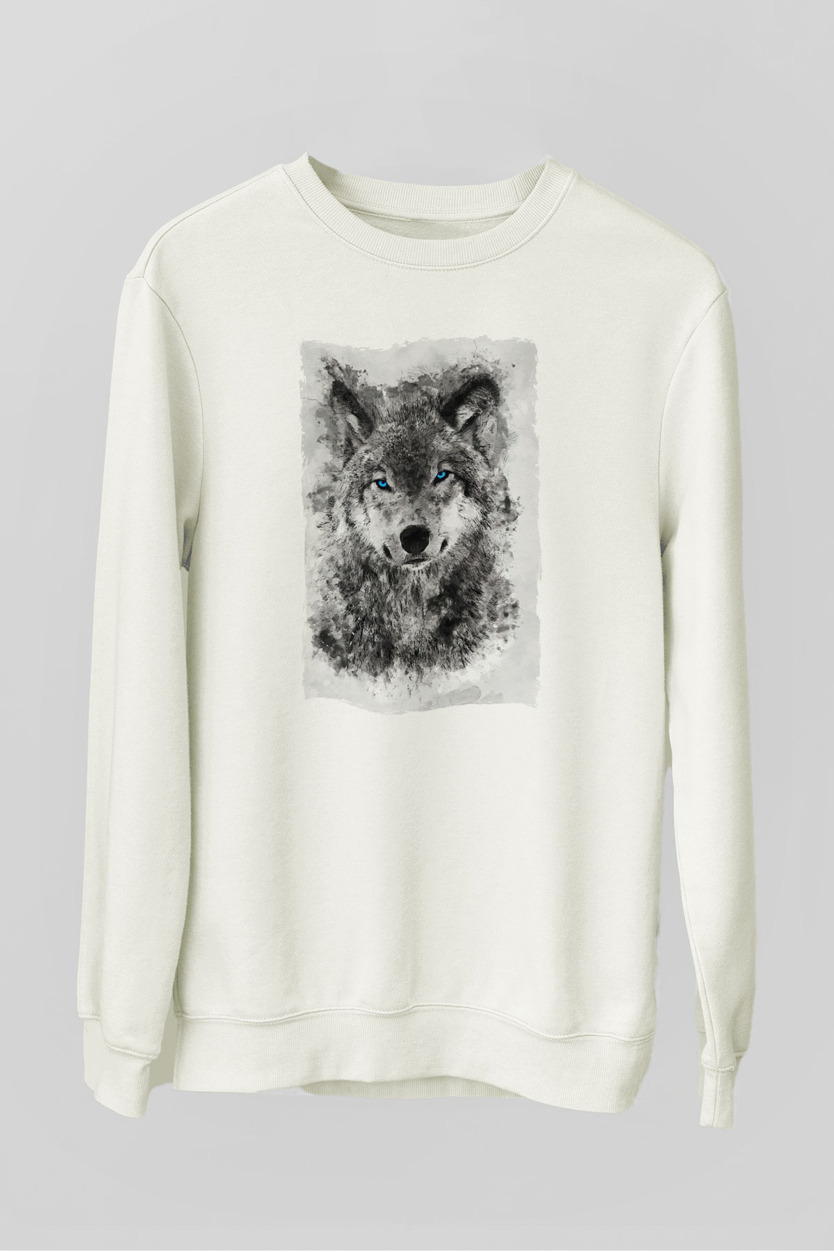 Mavi Gözlü Kurt Baskılı Unisex Beyaz  Sweatshirt