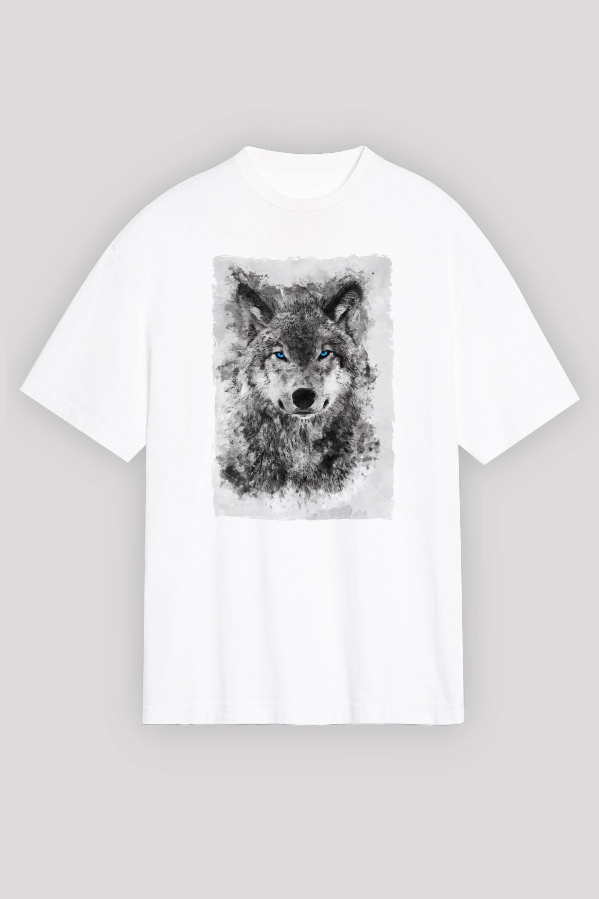 Mavi Gözlü Kurt Baskılı Unisex Beyaz Tshirt
