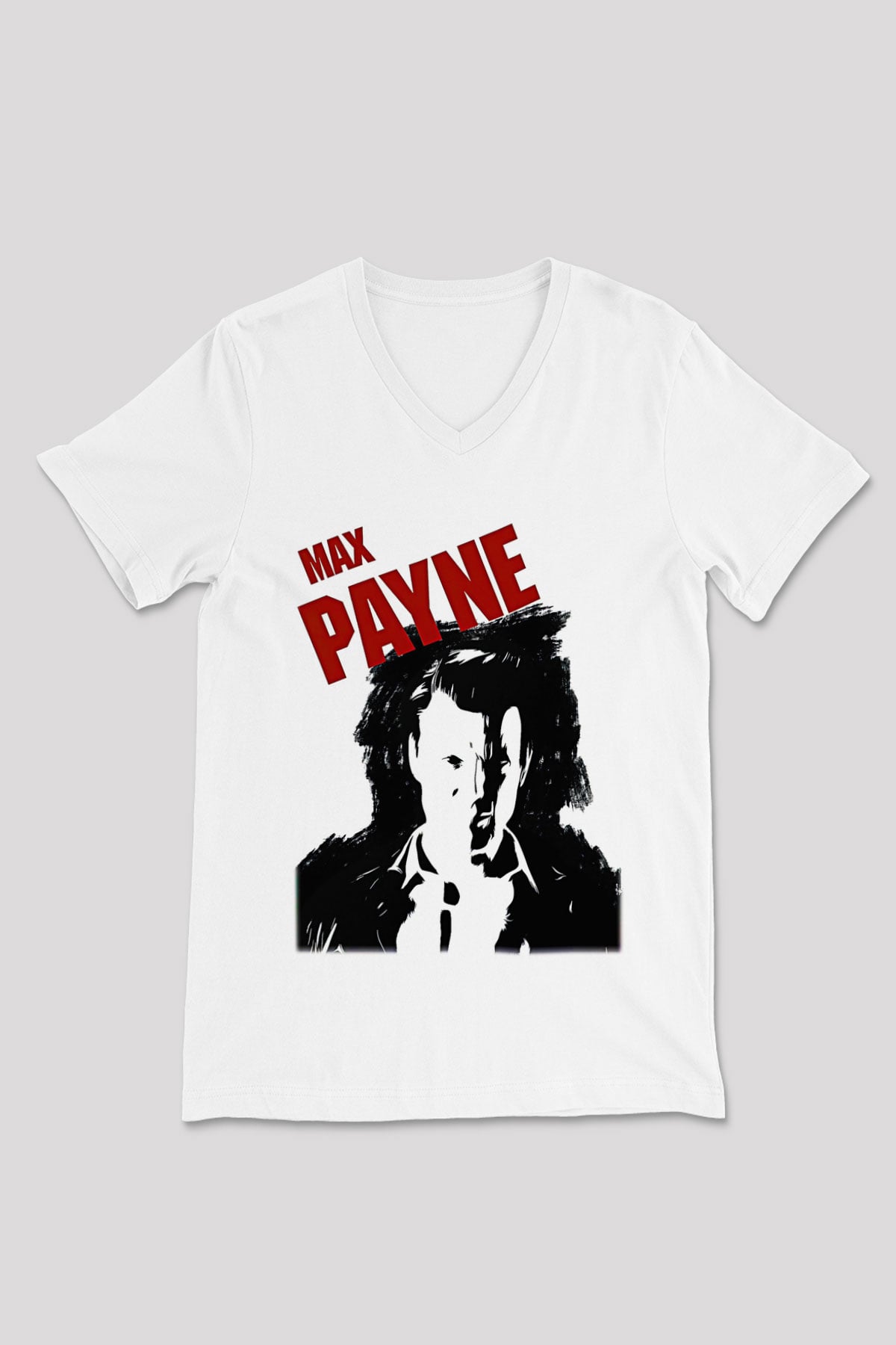 Max Payne Baskılı Beyaz Unisex V Yaka Tişört - Tshirt