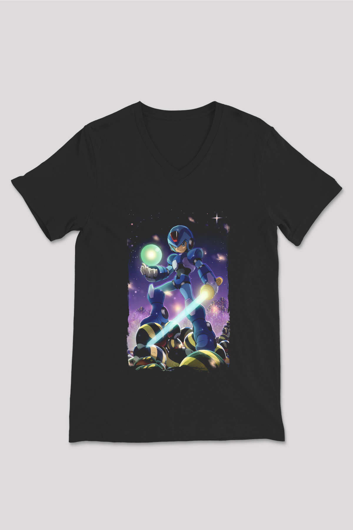 Mega Man Siyah Unisex V Yaka Tişört