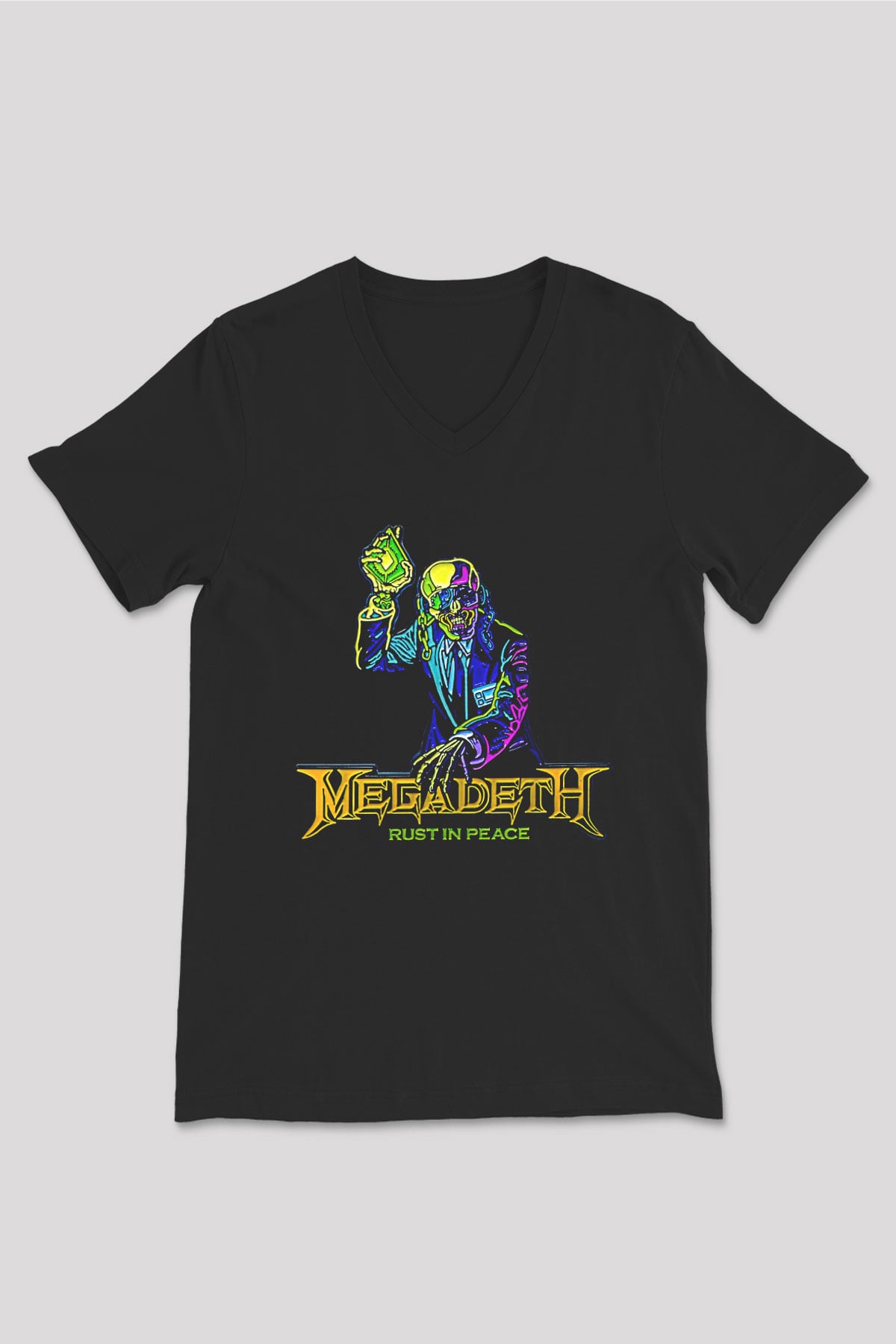 Megadeth Baskılı Unisex Siyah V Yaka Tişört - Tshirt