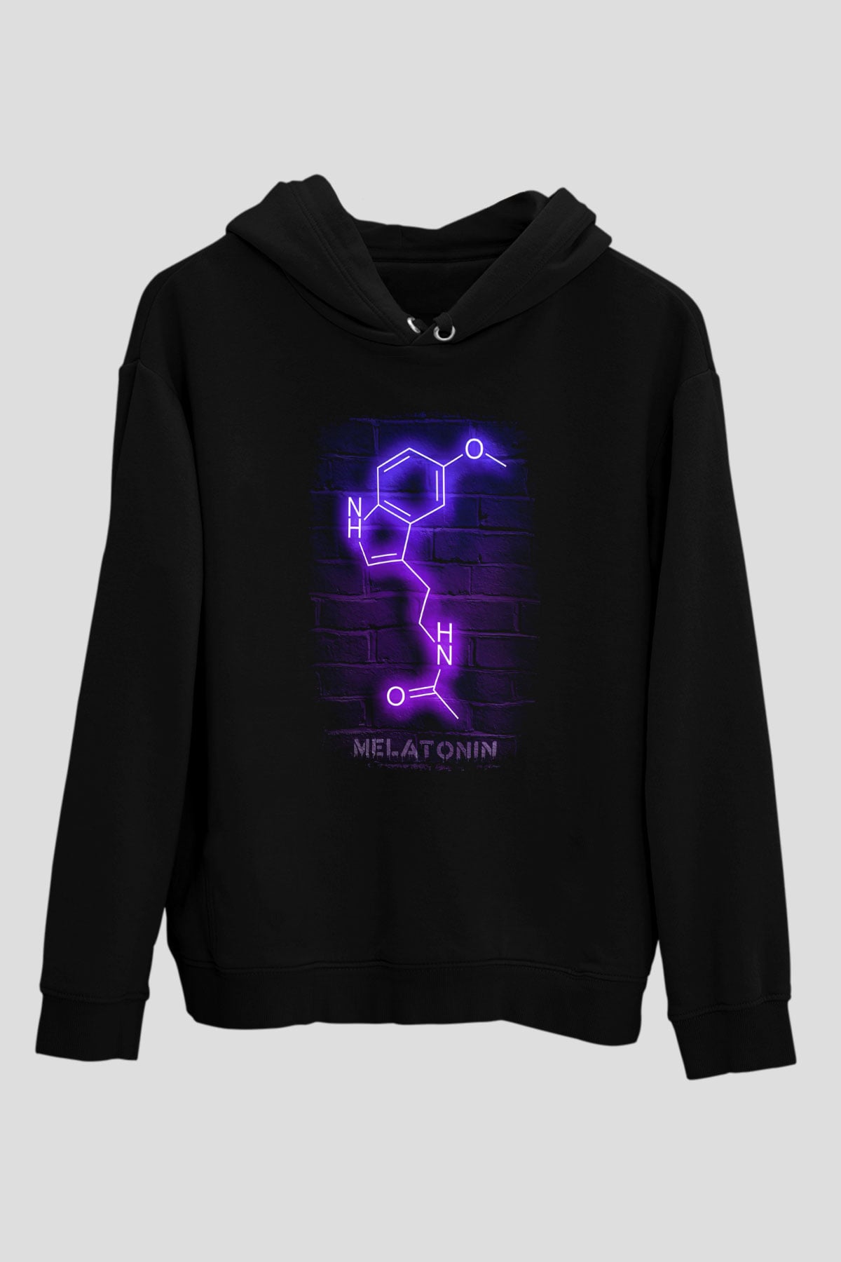 Melatonin Molekülü Neon Baskılı Unisex Siyah Kapüşonlu Sweatshirt