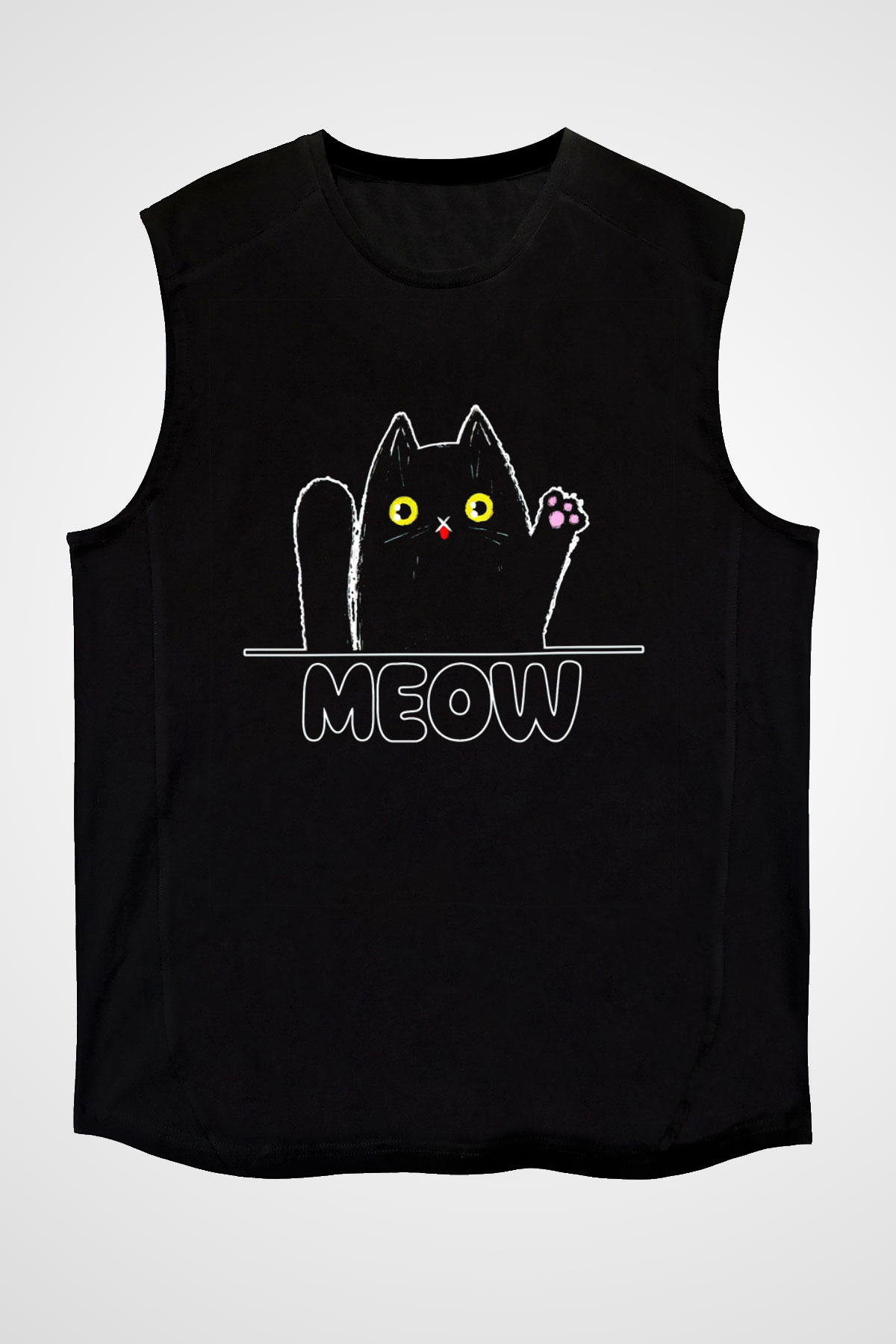 Meow Kedi Baskılı Unisex Siyah  Kolsuz Tişört