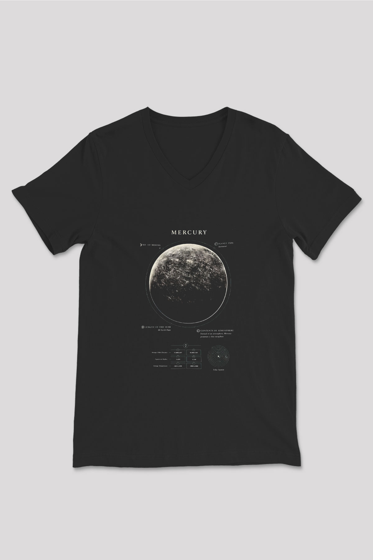 Merkür Fiziksel Özellikleri Baskılı Unisex V Yaka Siyah Tİşört - Tshirt