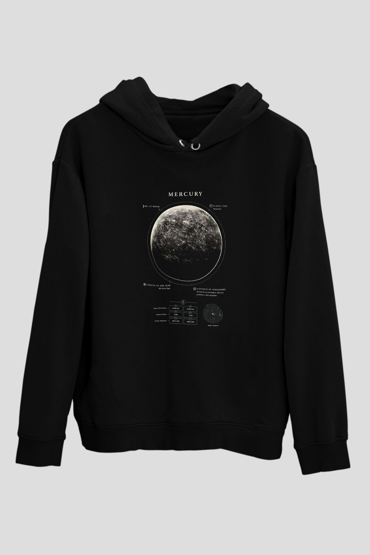 Merkür Fiziksel Özellikleri Baskılı Unisex Siyah Kapüşonlu Sweatshirt