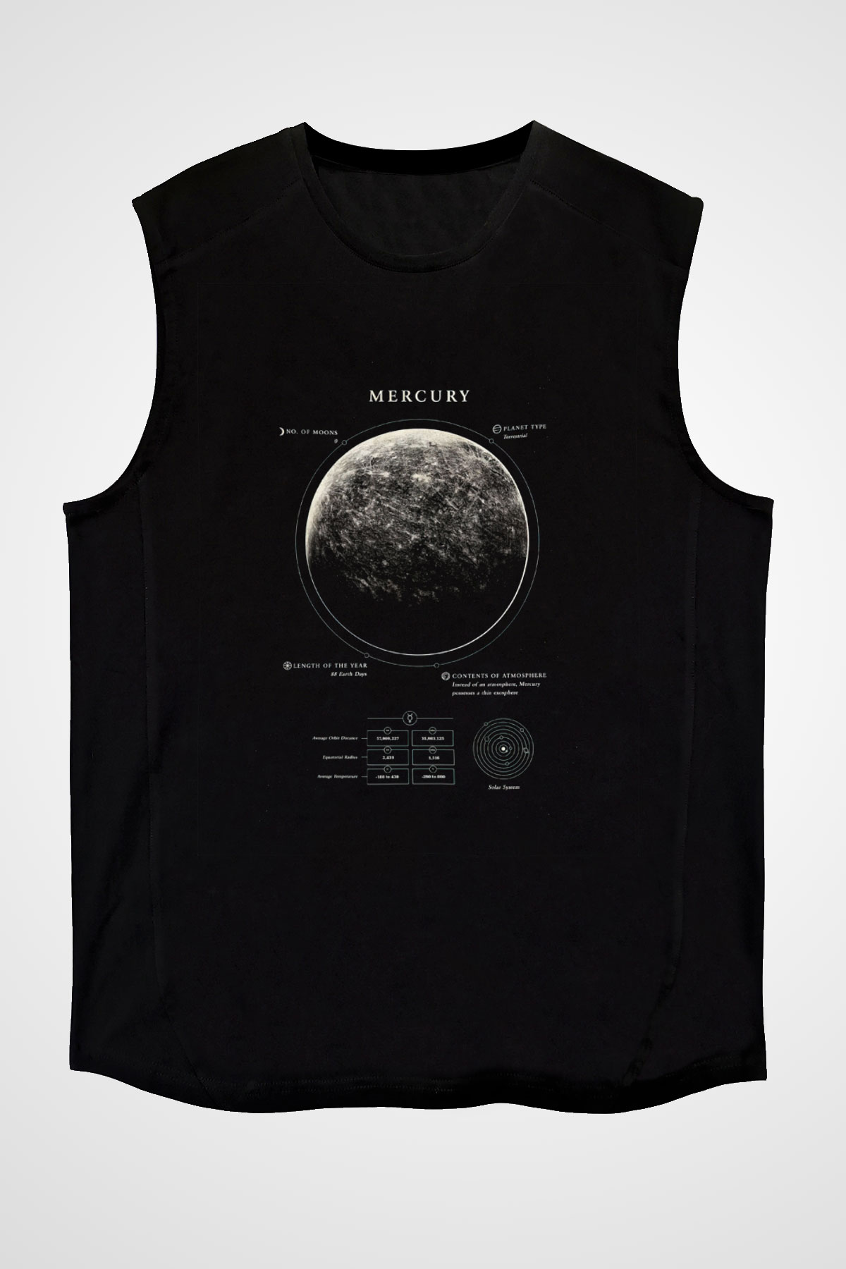 Merkür Fiziksel Özellikleri Baskılı Unisex Kolsuz Siyah Tişört - Tshirt