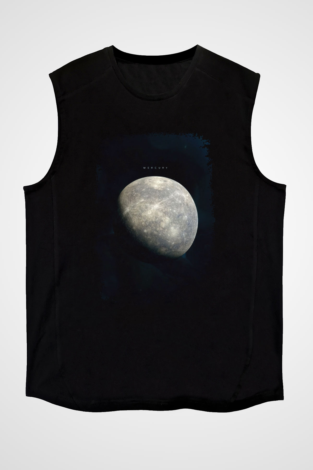 Merkür Fotoğraf Baskılı Unisex Kolsuz Siyah Tişört - Tshirt