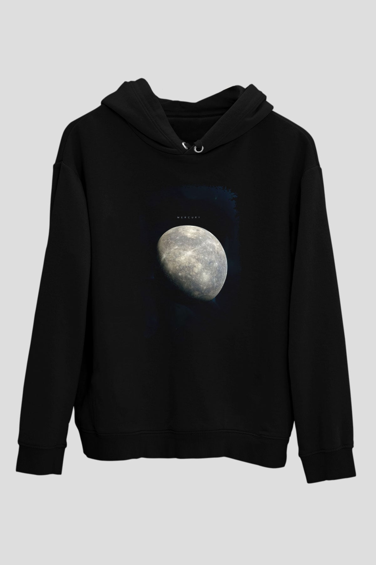 Merkür Fotoğraf Baskılı Unisex Siyah Kapüşonlu Sweatshirt