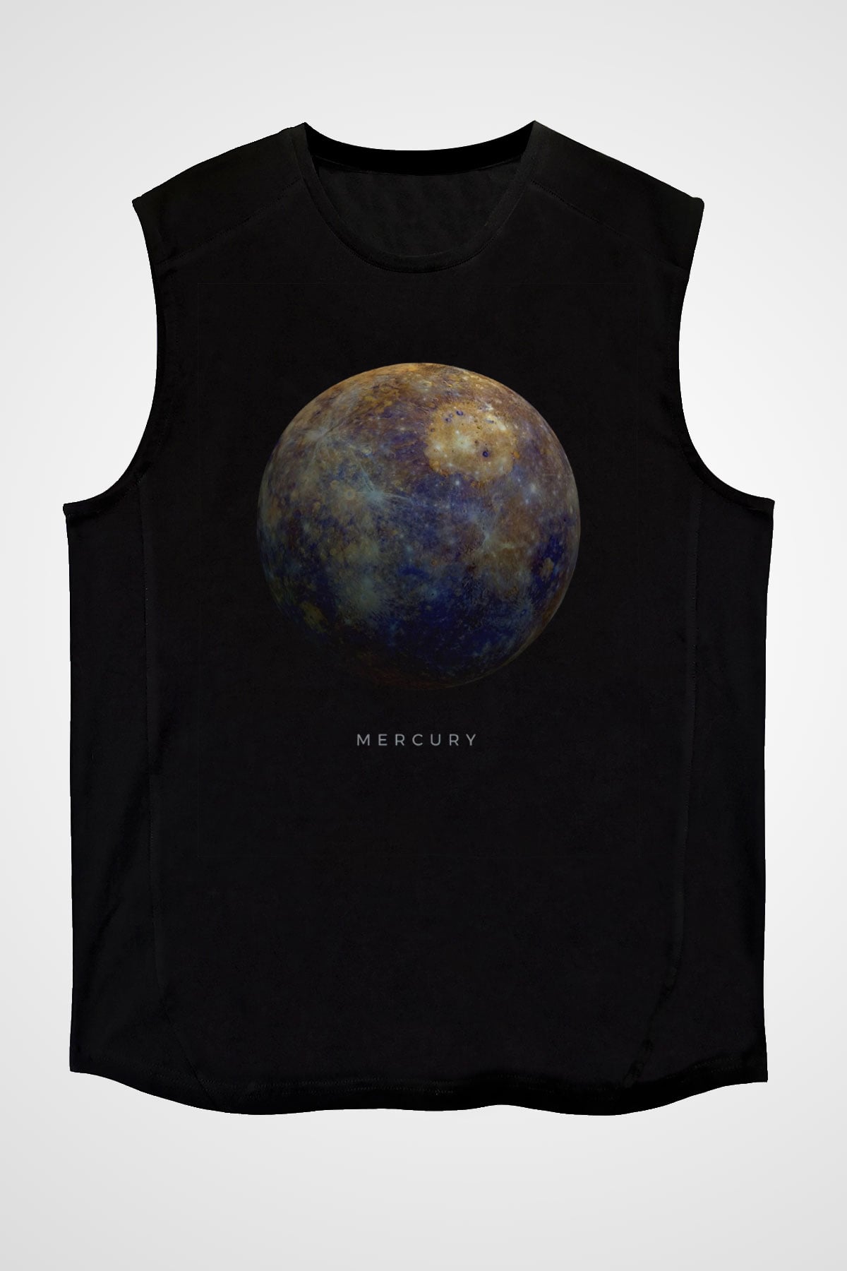 Merkür Gezegen Baskılı Unisex Kolsuz Siyah Tişört - Tshirt